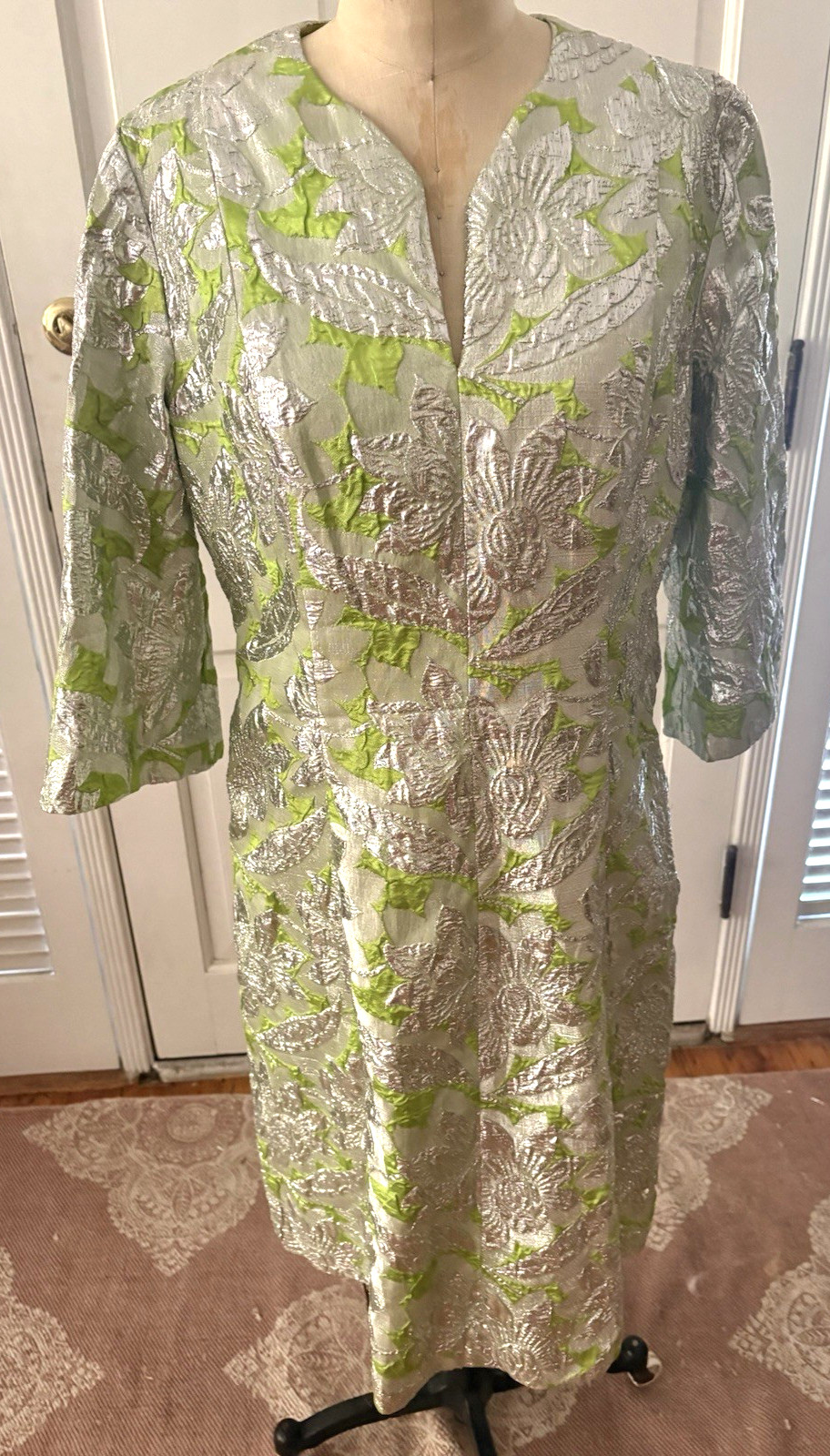 VTG Sophisticated Miss Calif. Dress Frances Henaghan Brocade Silver Green XL?