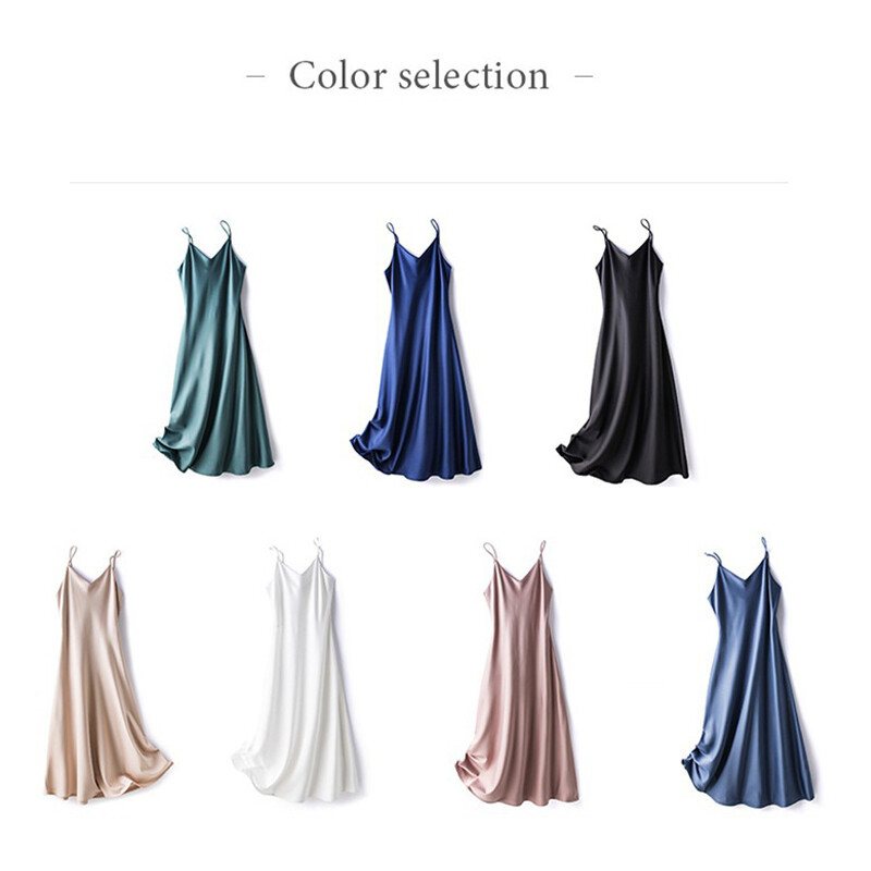 Lady Silk Satin Slip Dress Spaghetti Strap V Neck Sleeveless Lingerie Long Dress