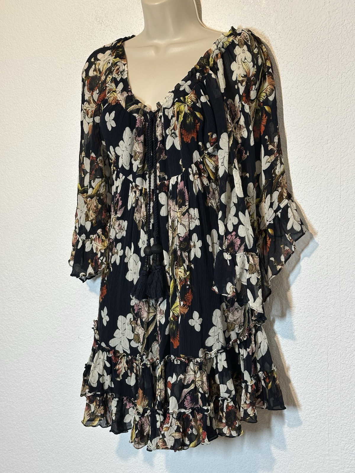 TRYB Anthropologie 100% Silk Mini Dress Navy Floral Tiered Romantic Boho Chic