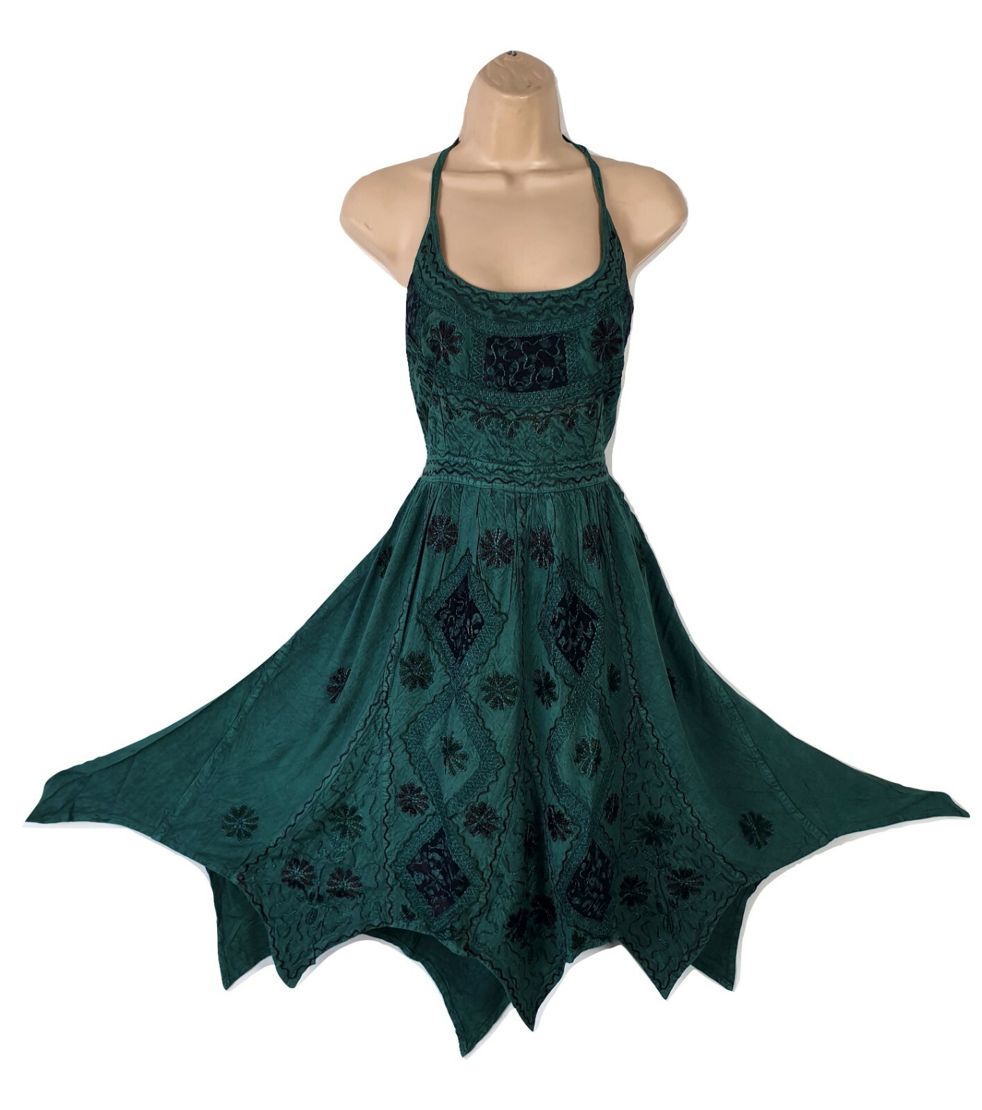 Bohemian Halter Dress Knee Length Pixie Hem Smocked Back Embroidered 8 10 12 14