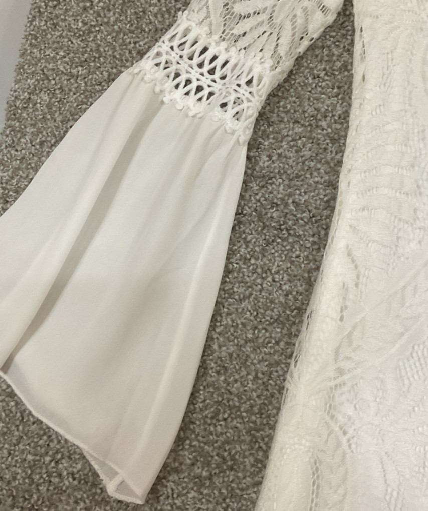 Eilly Bazar White Crochet Lace Boho Bell Sleeve Cottage Prairie Mini Dress Sz S