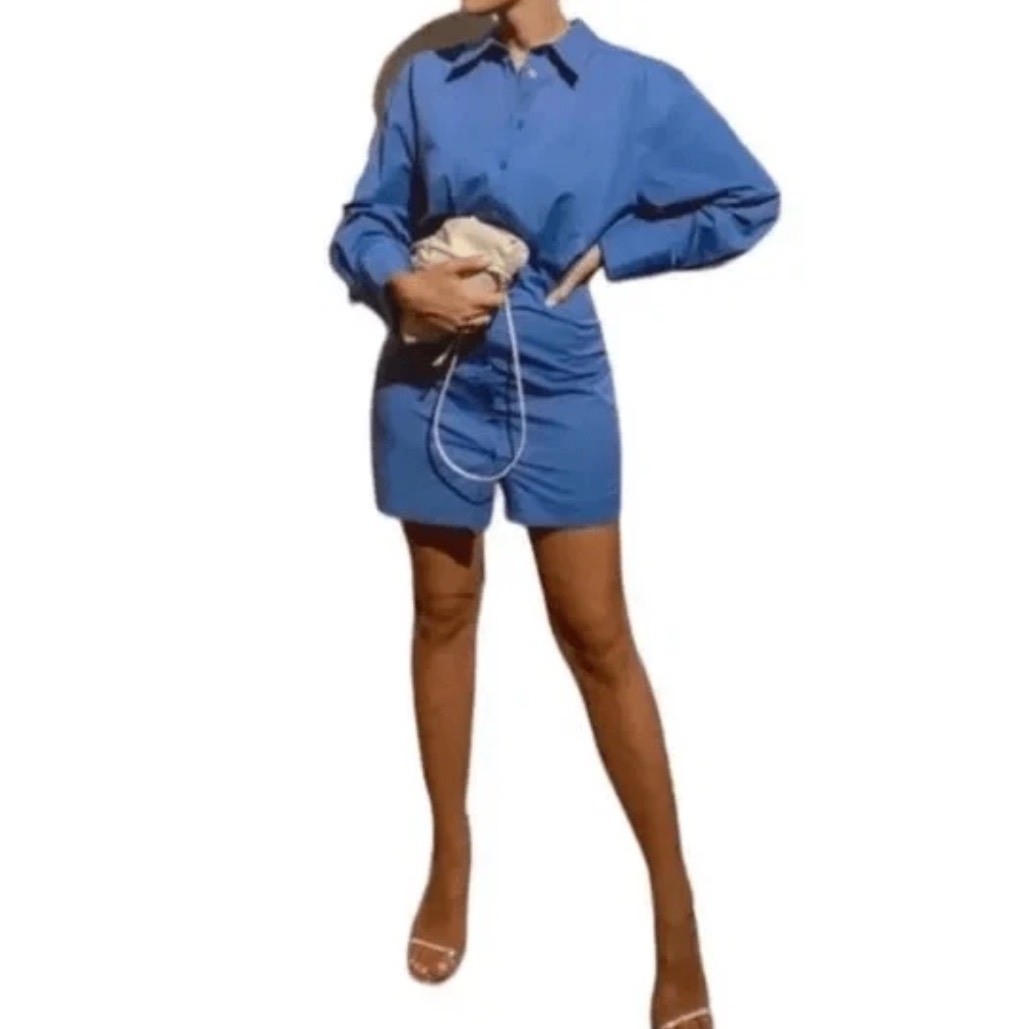 NWT Zara Blue Mini Shirt Dress Long Sleeve Cinched Pleated 3952/329 XS