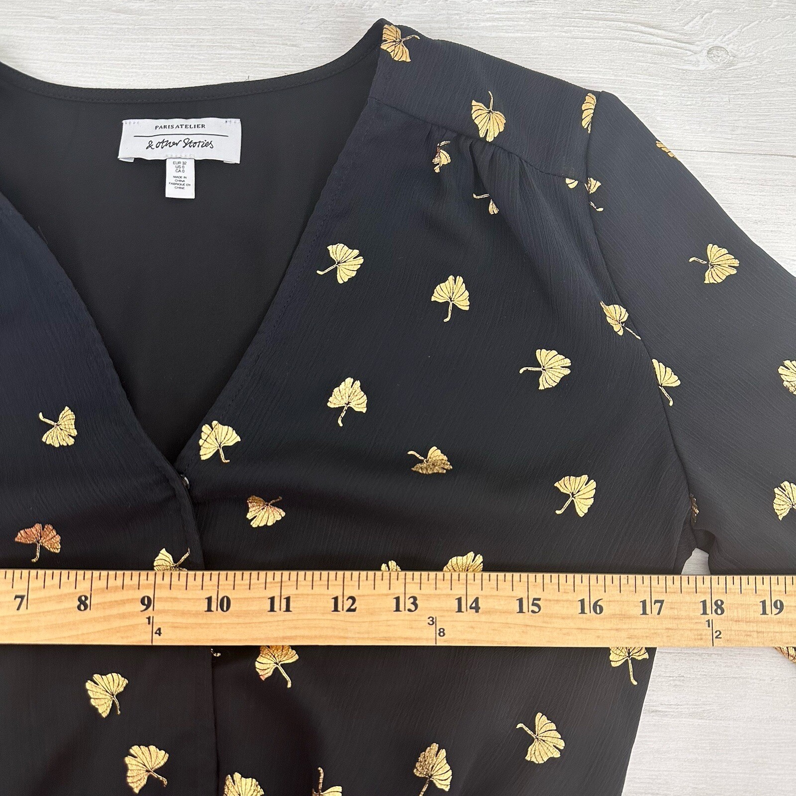 & Other Stories Mini Wrap Dress Size 0 Black Gold Leaves Long Sleeve Twee