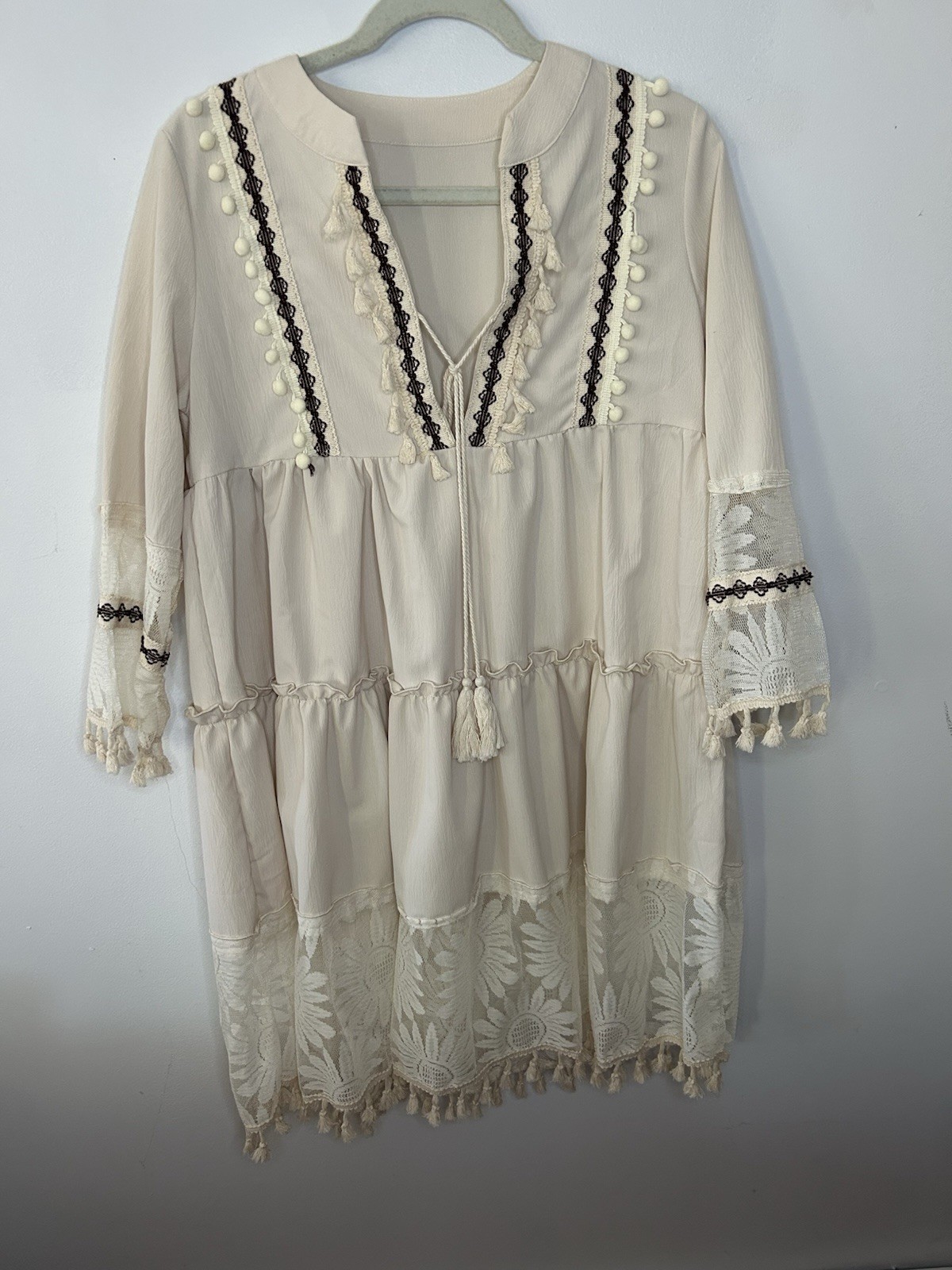 Bohemian Cottagecore Cream Dress with Lace and Tassels Size Small