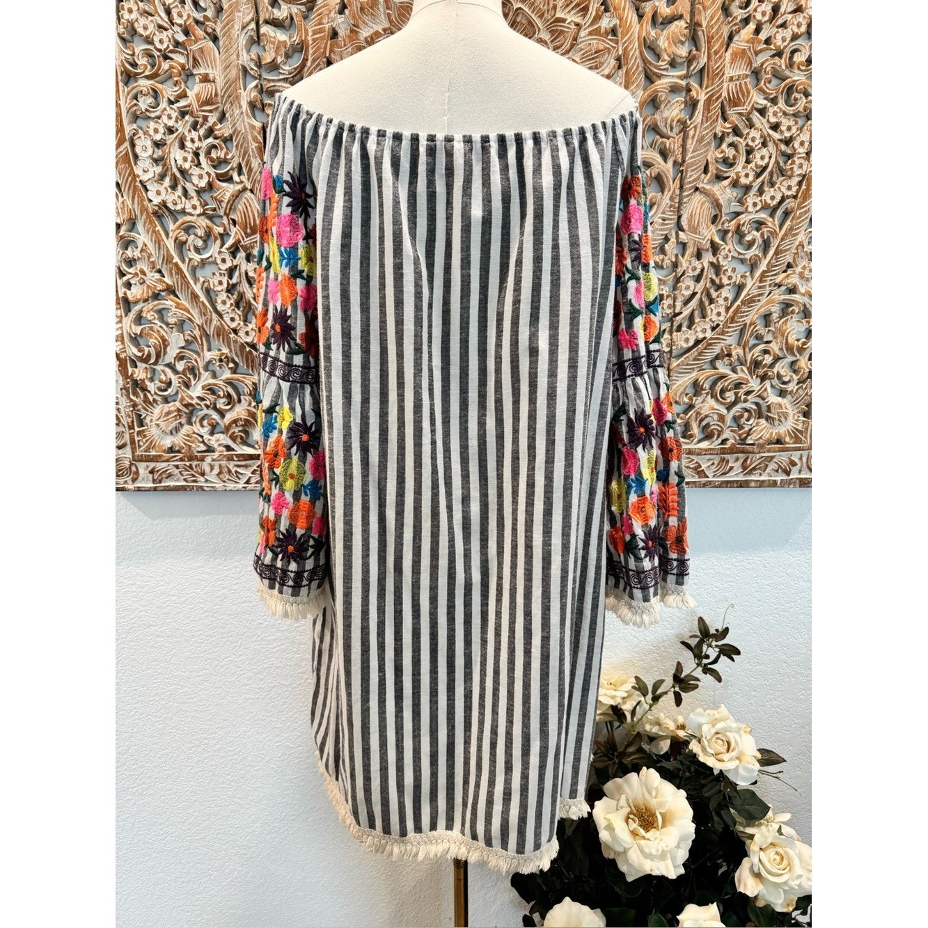 Philosophy Off-Shoulder Striped Tunic Mini Dress, Floral Embroidered Sleeves