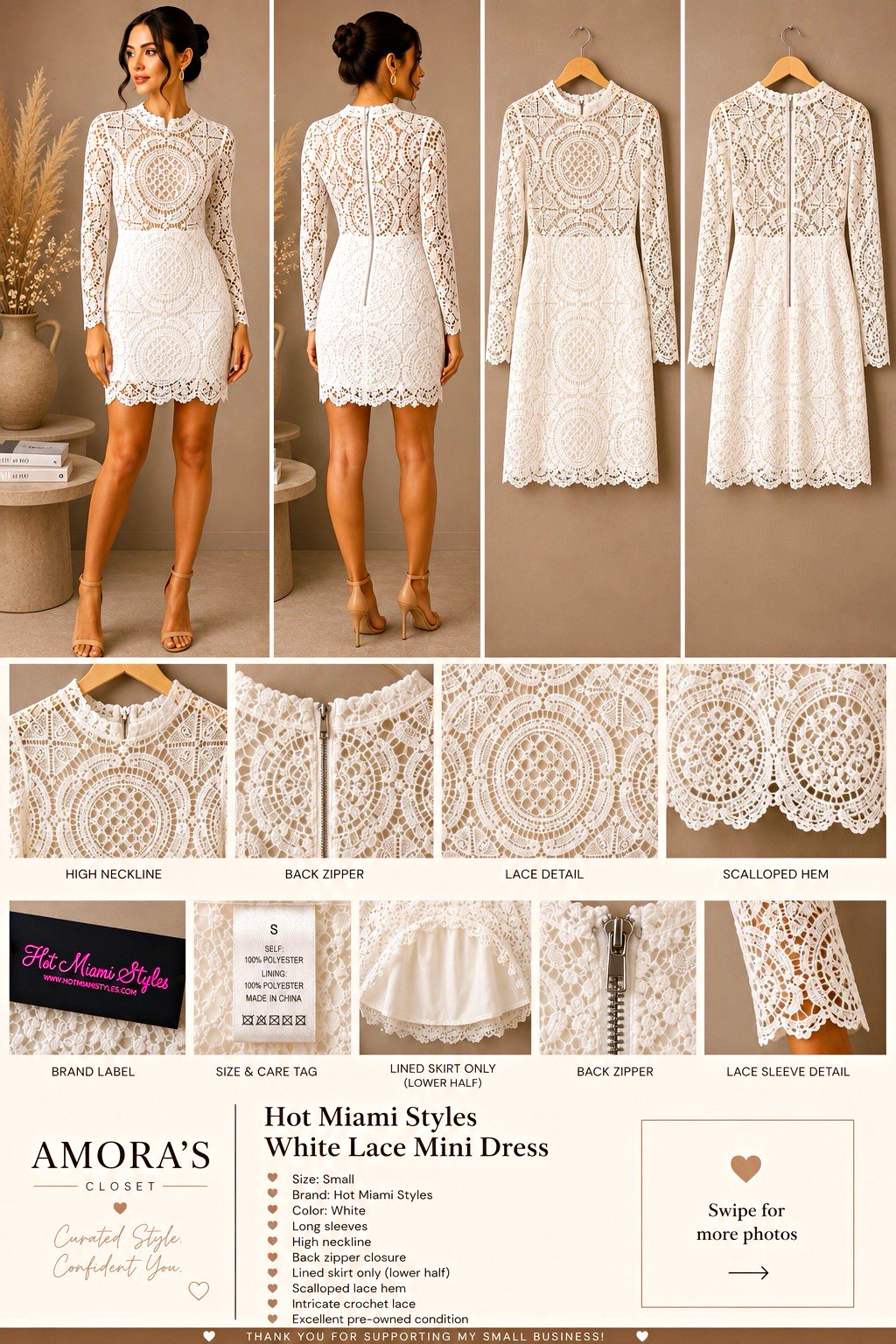 White Lace Lined Mini Dress High Neck Long Sleeve | Zip Back