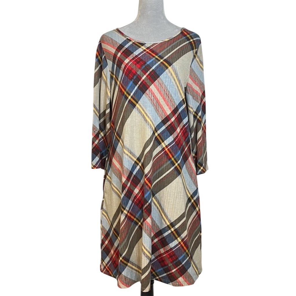 Robert Louis Plaid Shift Midi Sweater Dress Women’s L Multicolor Fall Winter