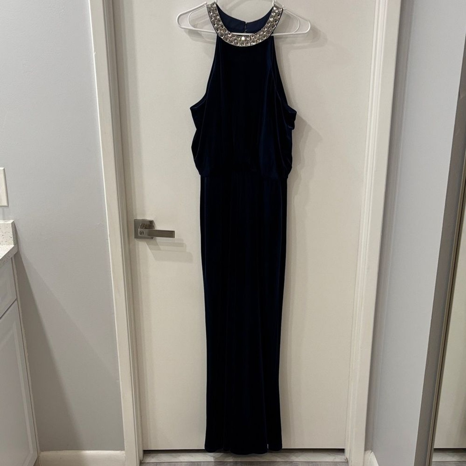 MARINA Deep Blue Elegant Maxi Dress elastic waist jeweled neckline