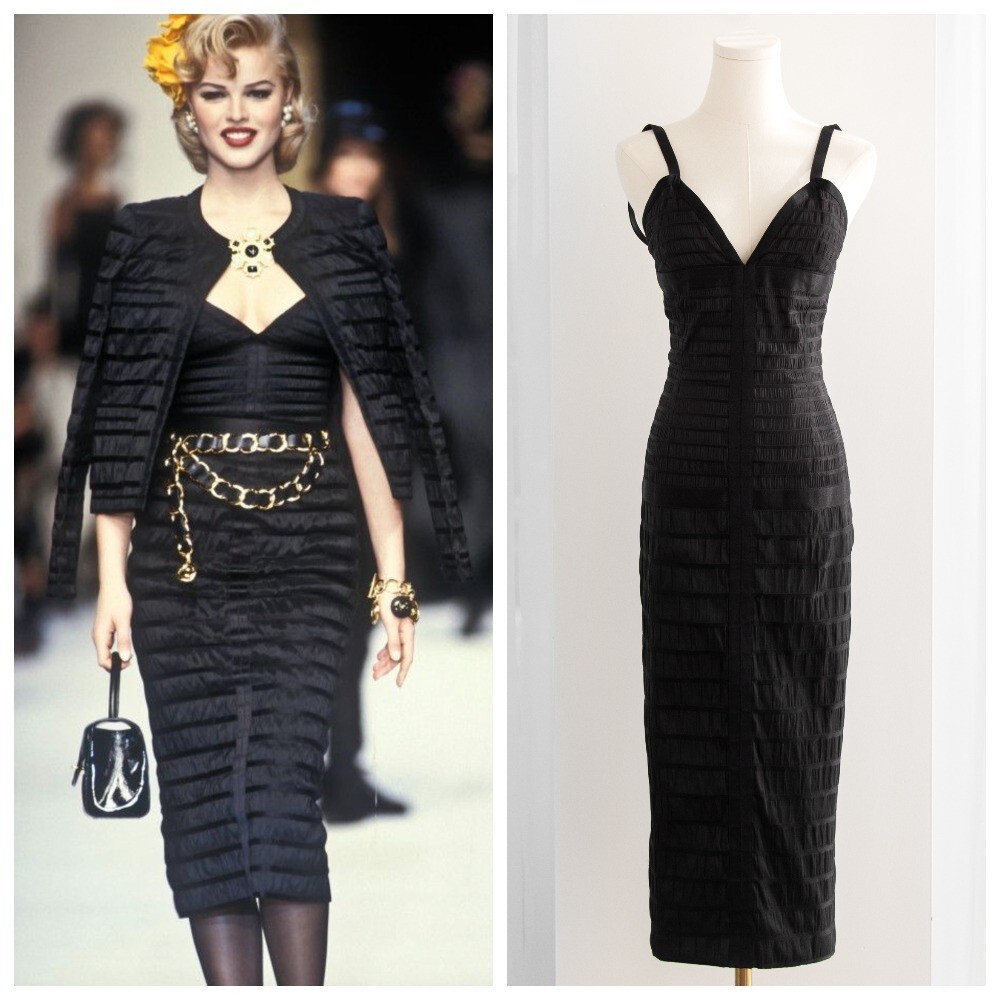 Chanel Vintage Fall/Winter 1992 Black Lesage Ribbon Silk Bodycon Midi Dress
