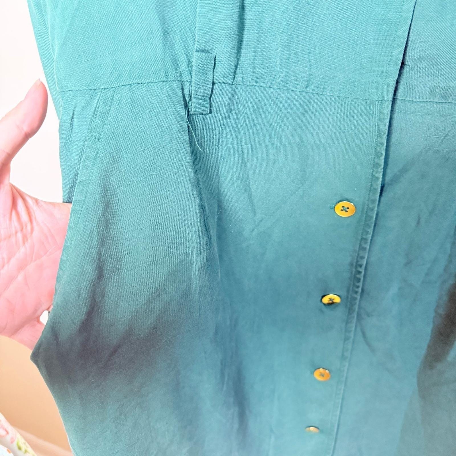 Linda Allard Ellen Tracy Teal Green 100% Silk Button Front Midi Dress Womens 10