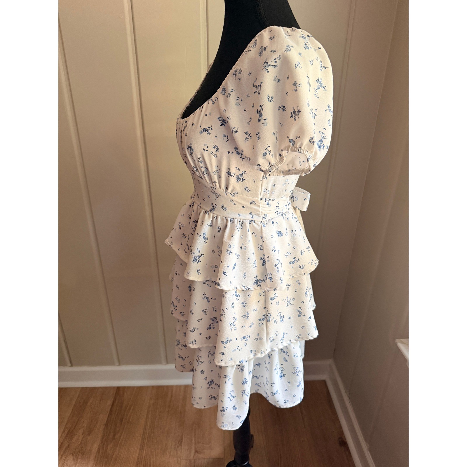Originality Blue Floral Tiered Ruffle Mini Dress Cottagecore Puff Sleeve XS