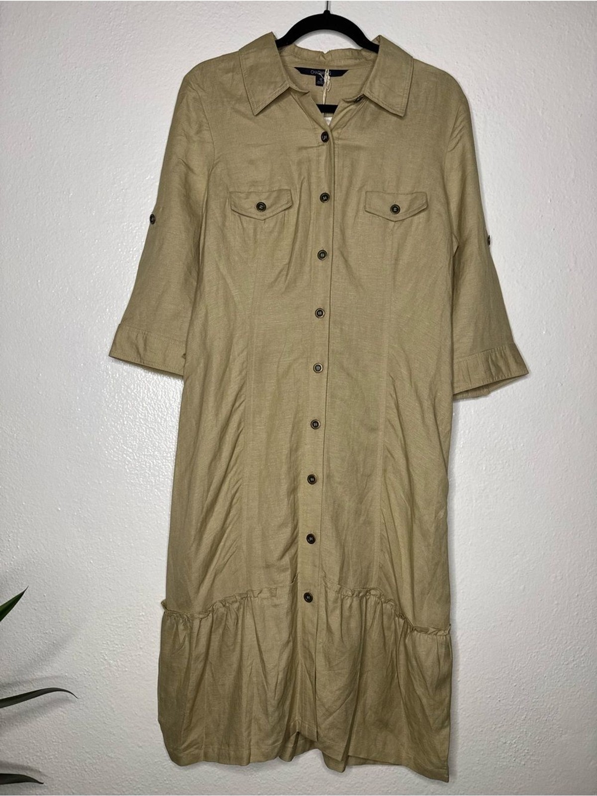 Chadwicks – Khaki Button Front Midi Shirt Dress with Pockets