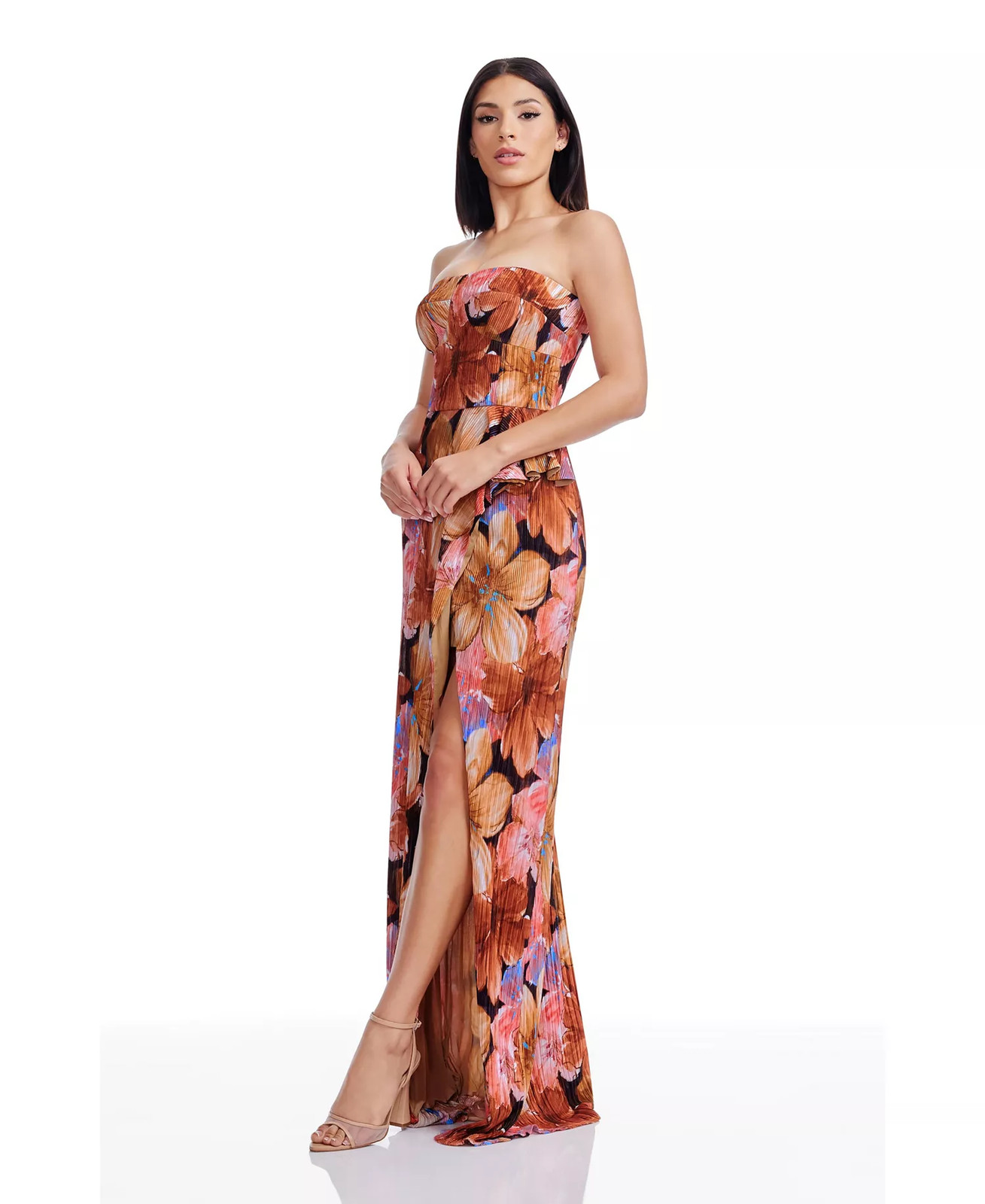 Dress the Population Strapless Fitted Gown XL Pleated Floral Kai Bodycon NWT