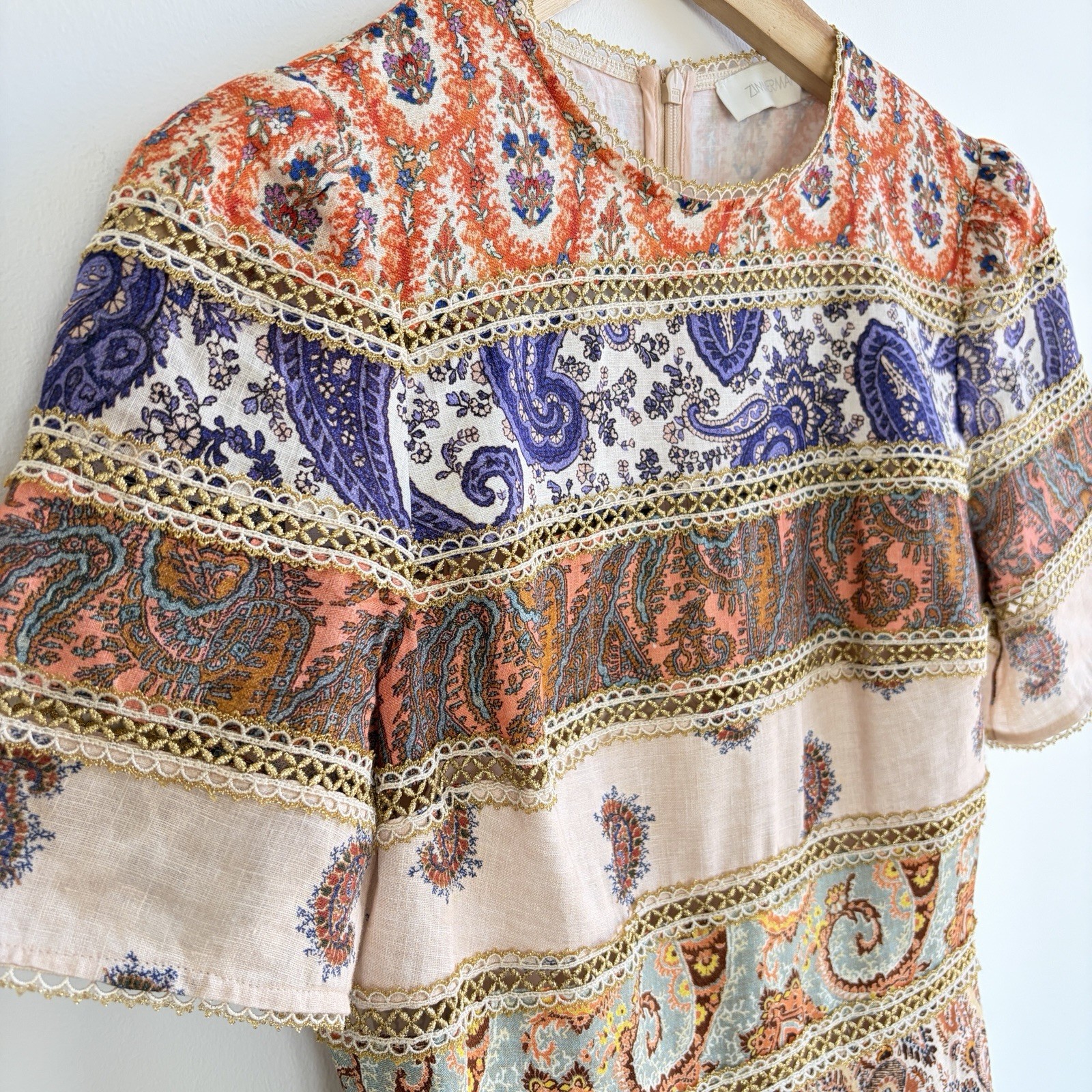 Zimmermann Devi Spliced Mini Dress Size 1/AU 10/US 8 Gold Trim Paisley Rare EUC