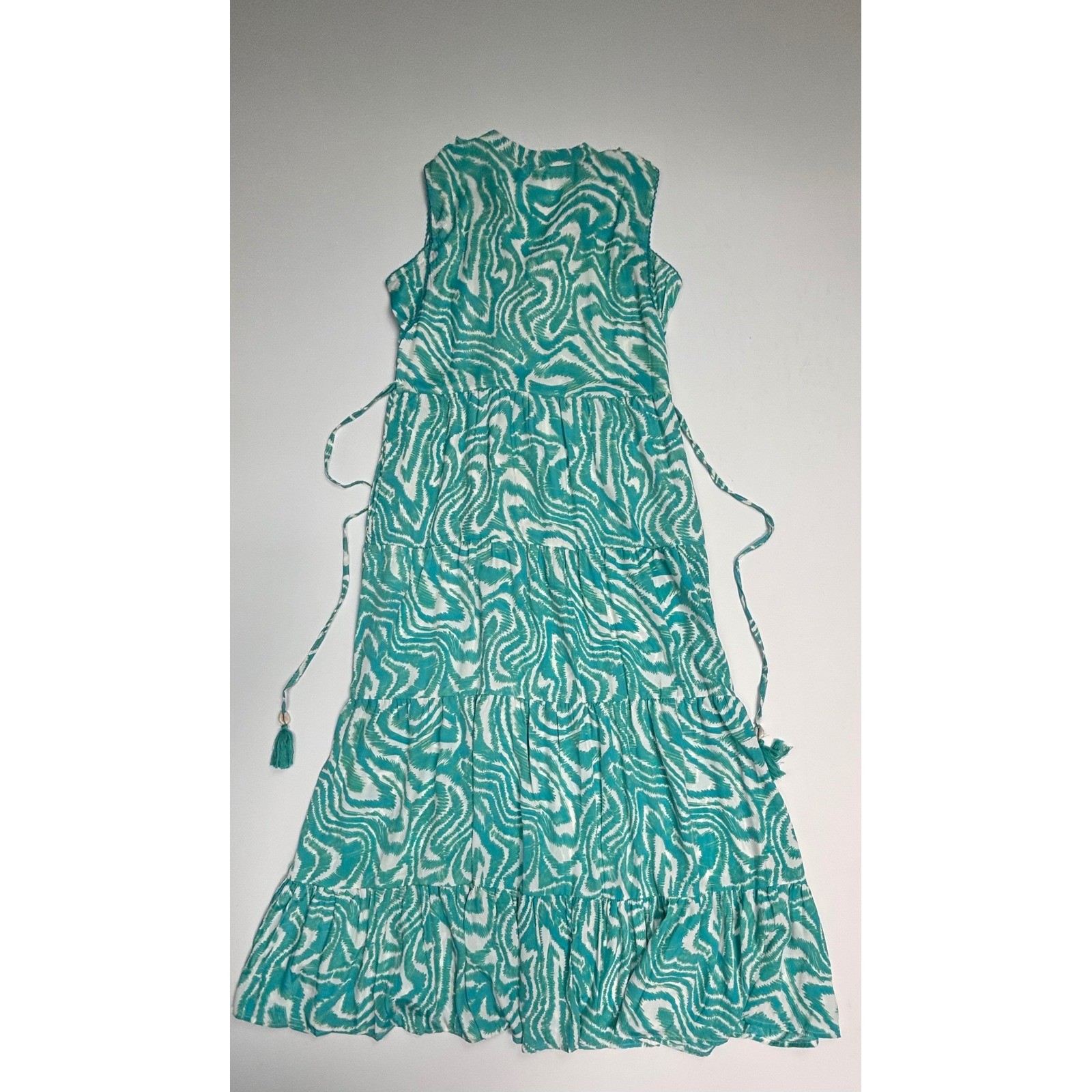 True Destinations Teal White Abstract Print Ruffle Tiered Maxi Dress Womens L