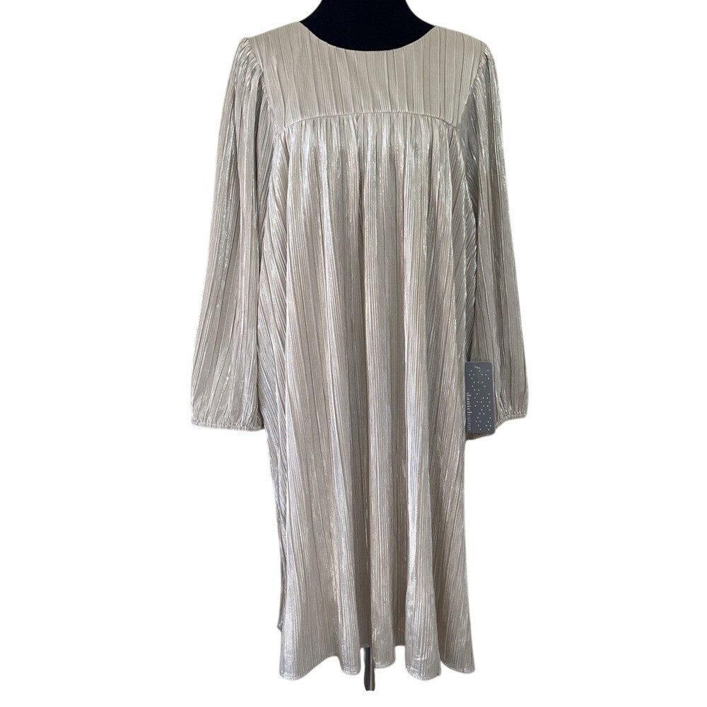 Daniel Rainn Silver Metallic Plisse Long Sleeve Tie Back Shift Dress XXL NWT