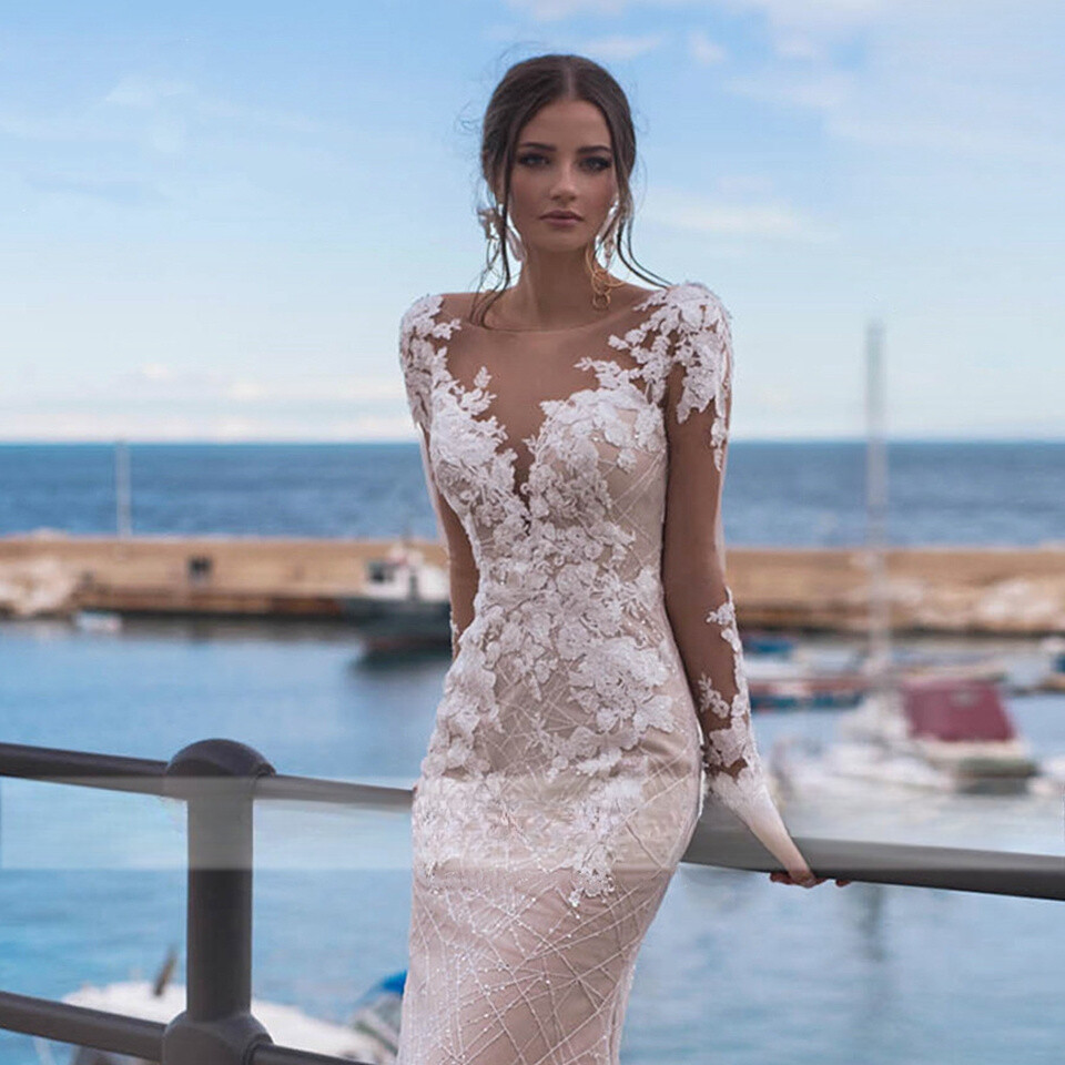 Backless Mermaid Pearls Beaded Wedding Dresses Lace Appliques Women Bride Gown
