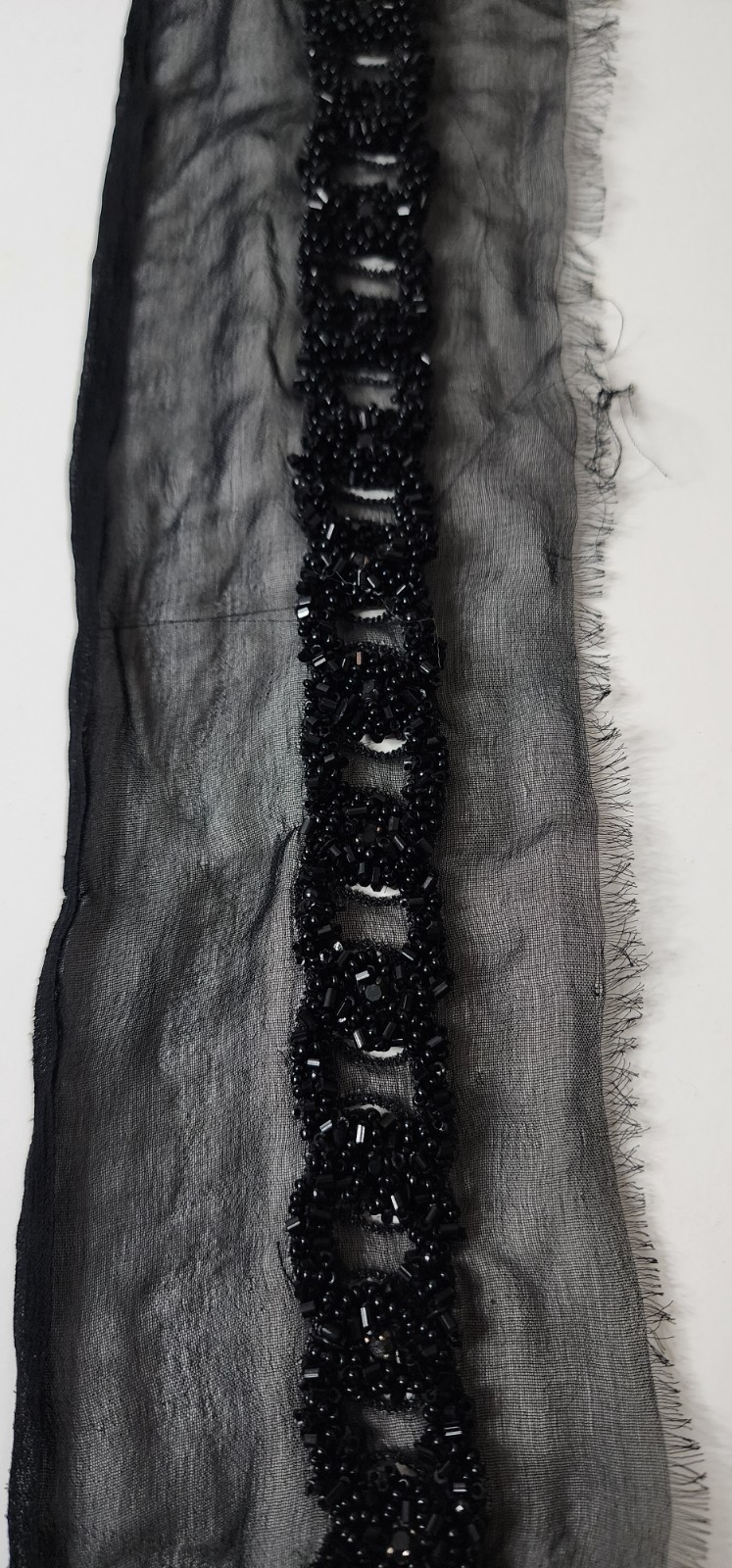 Handmade Custom Designer Black Beaded Lace Trim on Sheer Silk – 33″ Couture