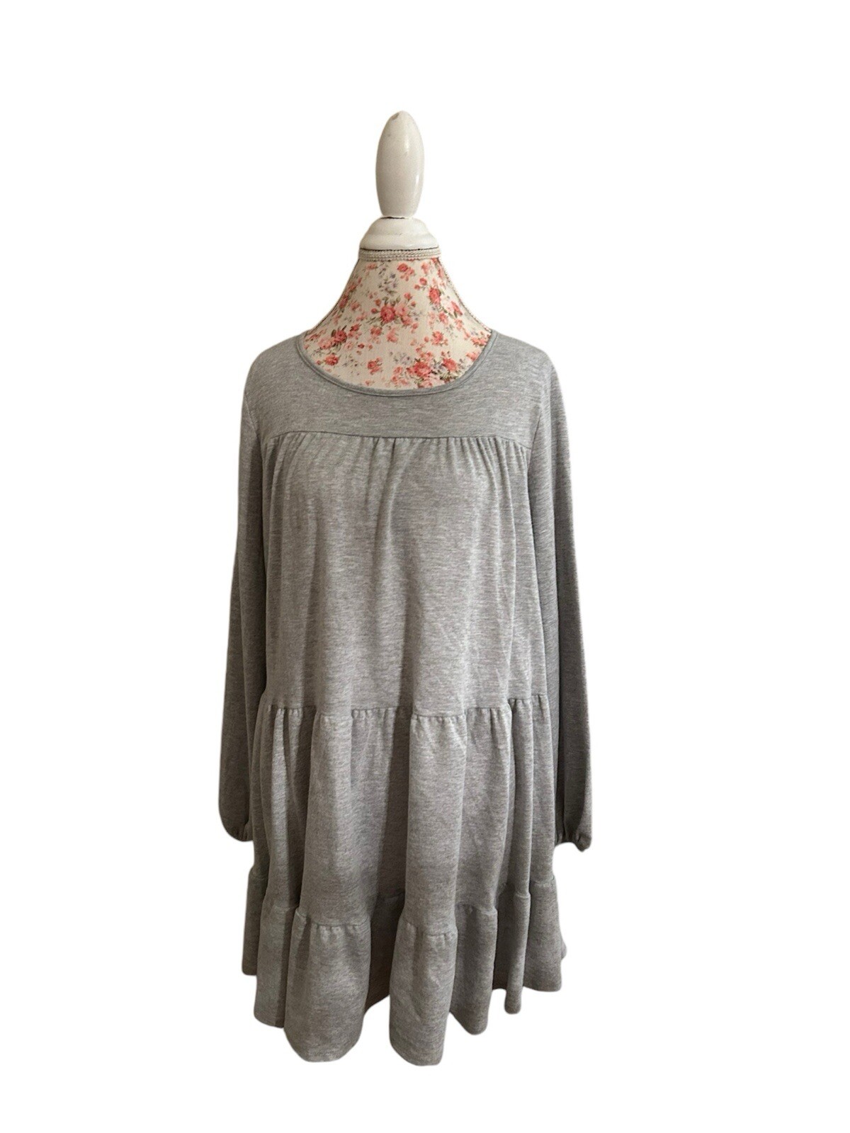 Peach Love Tiered Gray Flowy Dress Soft NWT $44 Fall Winter Fashion