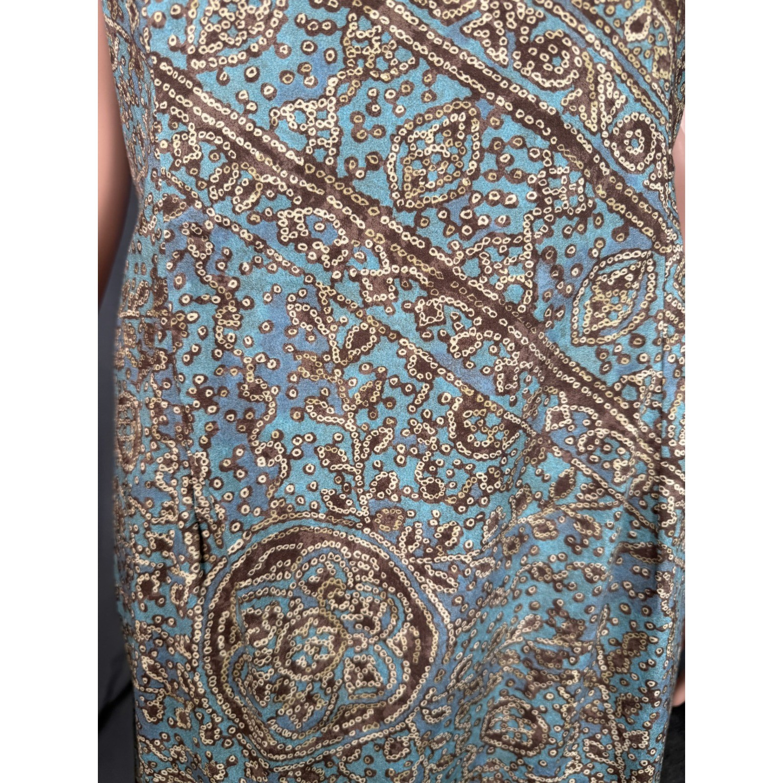 Peruvian Connection Pima Cotton Lycra Batik Medallion Print Midi Dress Blue 10