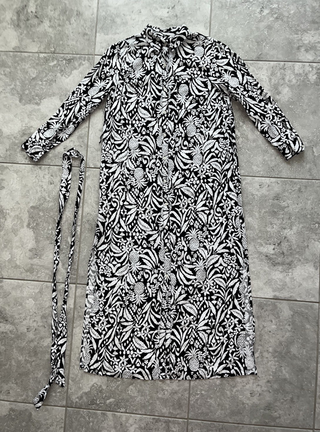 LOFT Linen Blend Long Sleeve Button Belted Tie Midi Maxi Shirt Dress Tropical 6