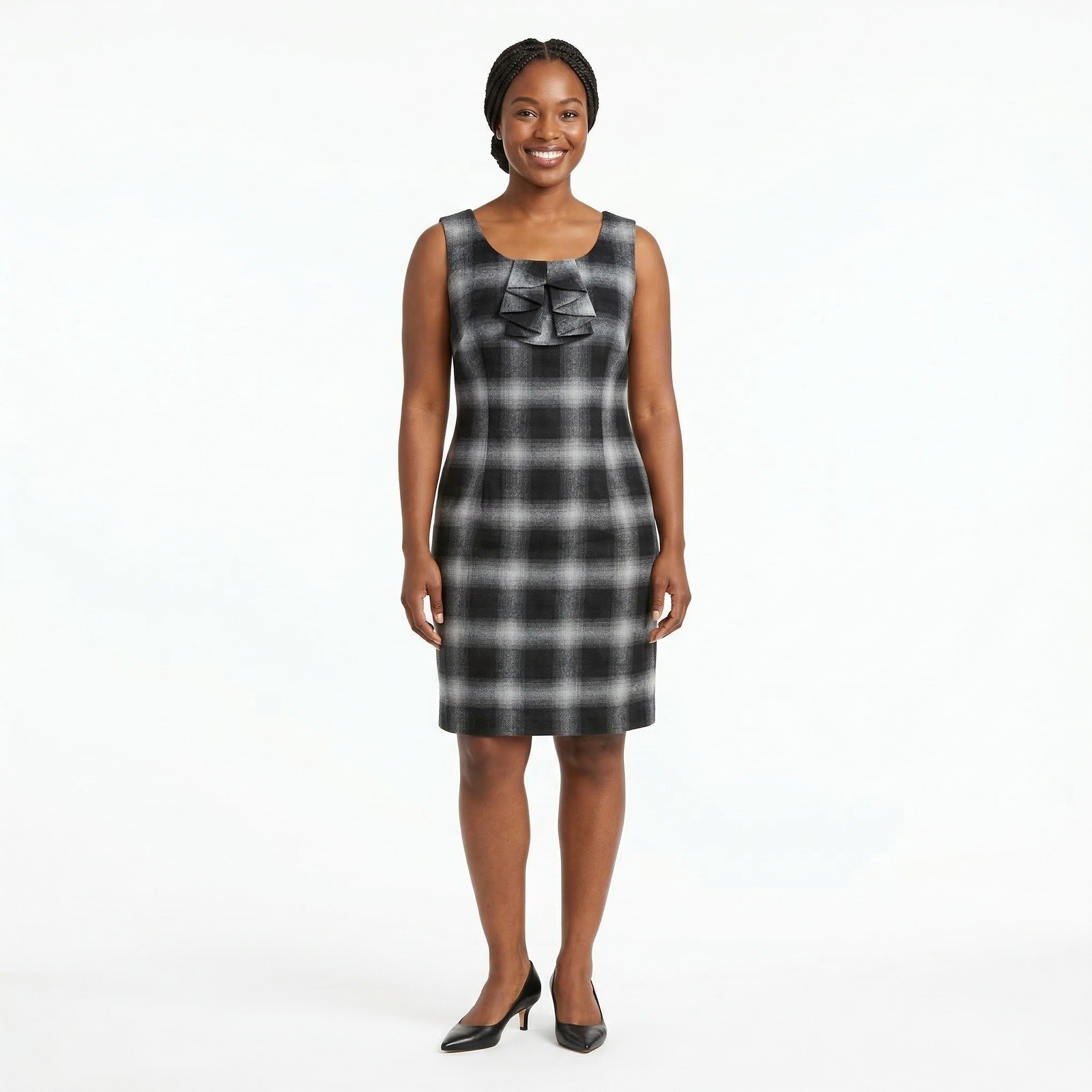 Ann Taylor LOFT Women Black Grey Wool Blend Ruffle Neck Sheath Dress 12 Plaid