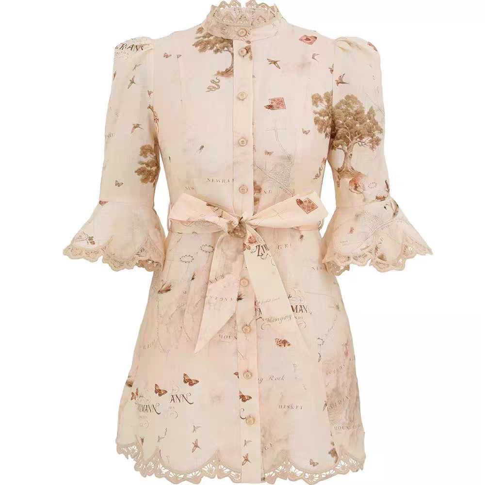 NWT Zimmermann Resort Stand Collar Map Print Flutter Sleeve Belted Mini Dress