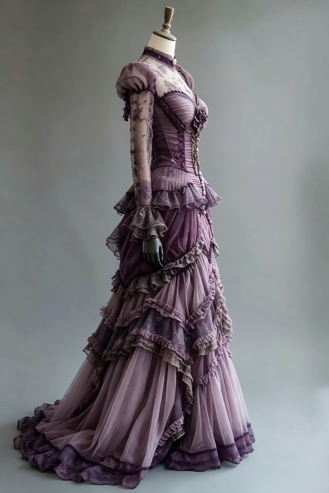 Lilac Victorian Puff Sleeve Lace Corset Ruffle Tiered Gothic Train Ball Gown