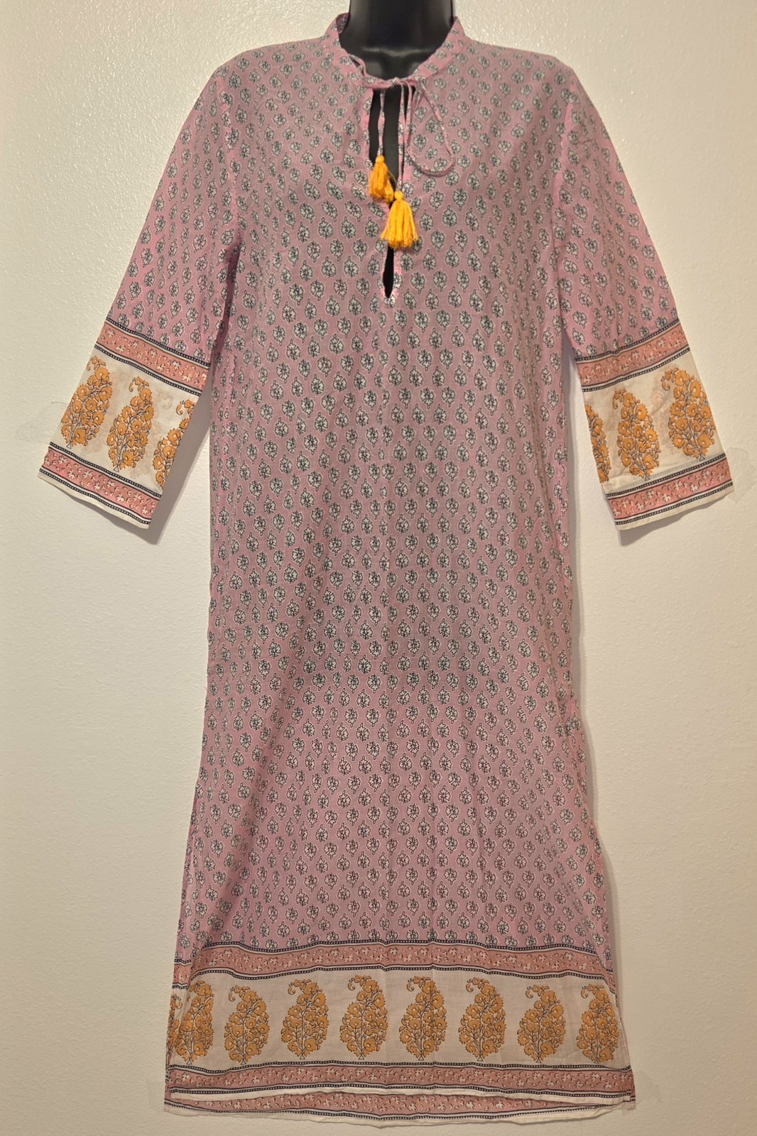 JCrew Kaftan Tunic Dress Cover Up Side Slits Tassles Size XS Pink Floral Paisley