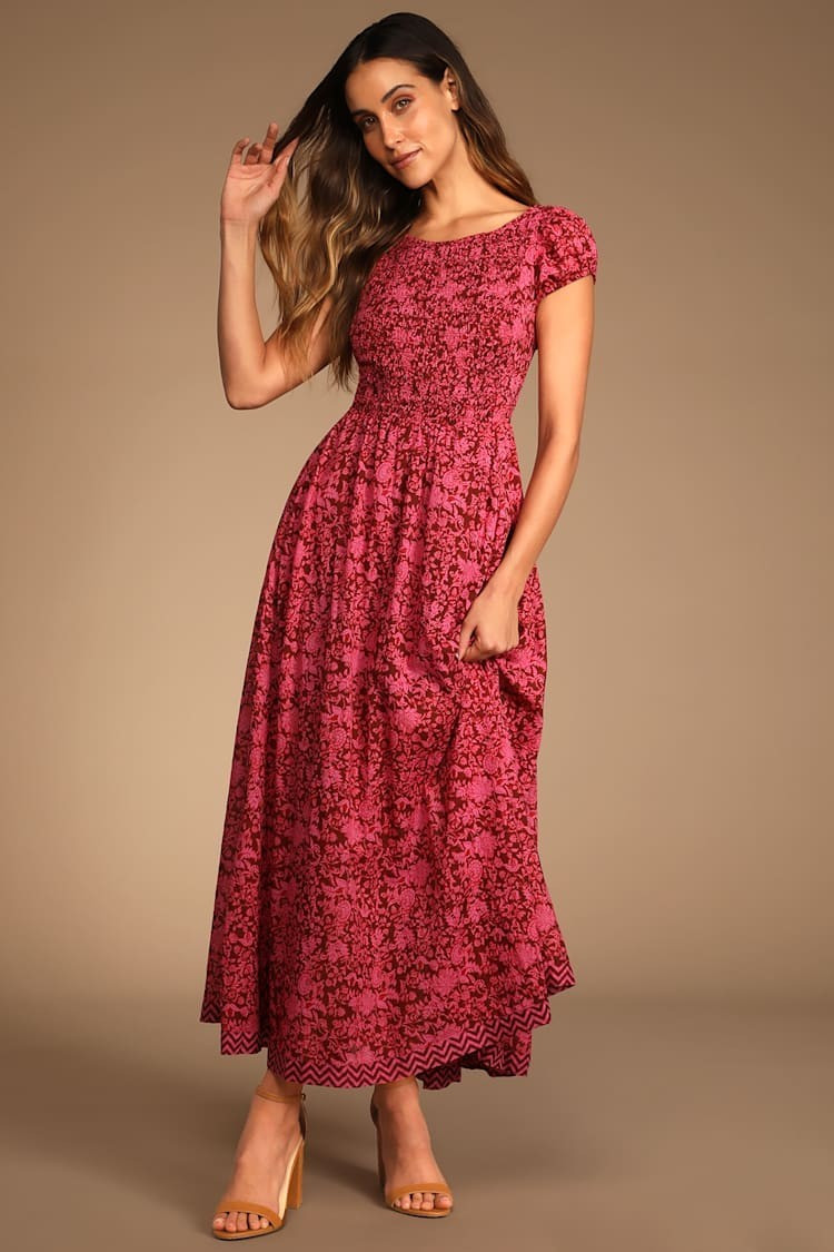 Free People Ultraviolet Smocked Lace-Up Maxi Dress Raspberry Burgundy Floral