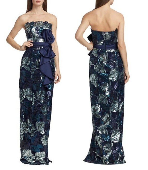 Marchesa Notte Navy & Silver Sequin Mikado Bow Gown With Deep Slit sz 6 $995