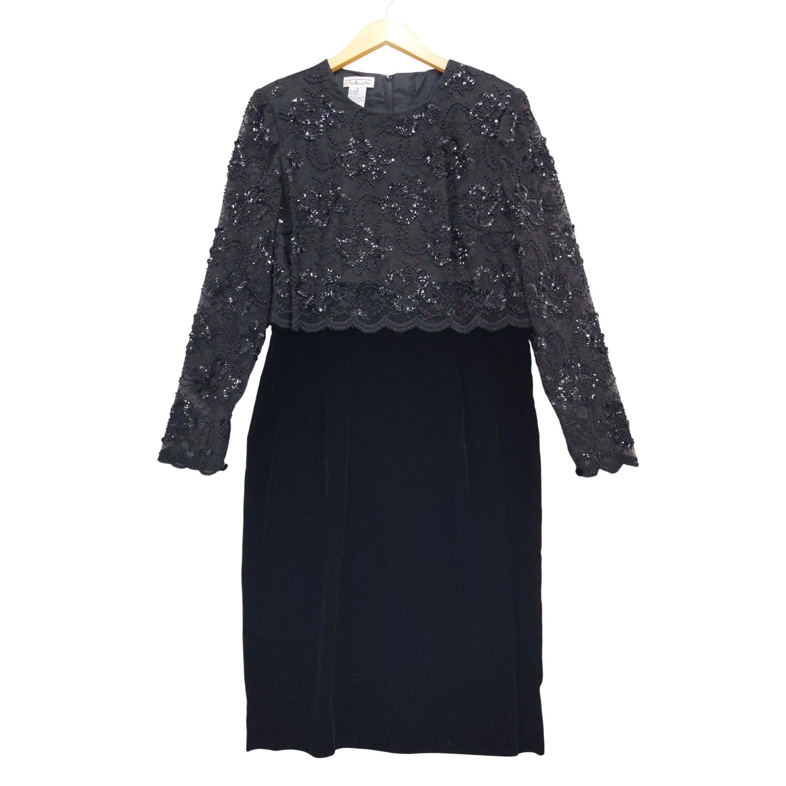 Talbots Sheath Dress Women 10 Black Sequin Beaded Lace Velvet Long Sleeve Formal