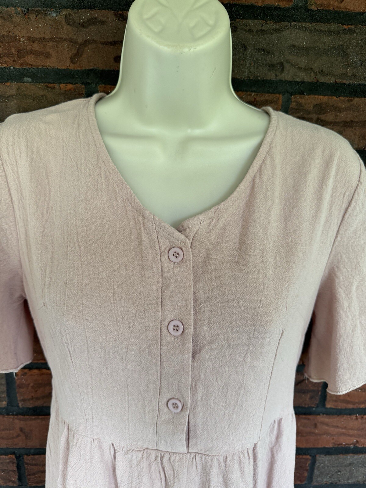 Beige Ruffle Hem Dress Small Button Short Flutter Sleeve Linen Like 100% Cotton