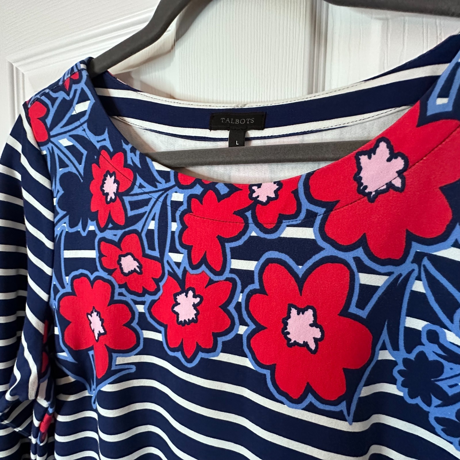 Talbots Large Navy & White Stripe Red Floral Midi Shift Dress Nautical Patriotic