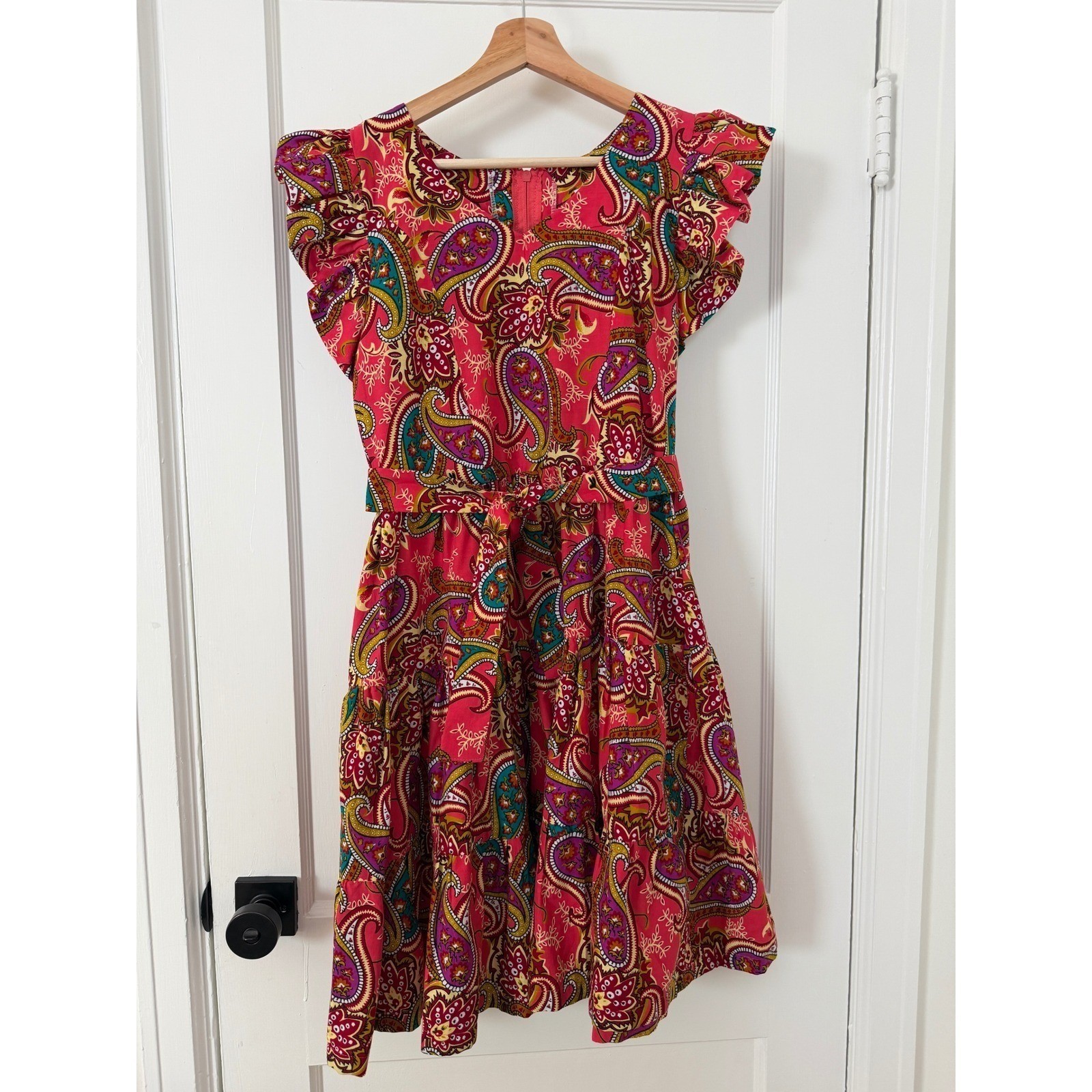 Pink Paisley Tiered Ruffle Sleeve Fit & Flare Cotton Dress Sz S: Boho, Party