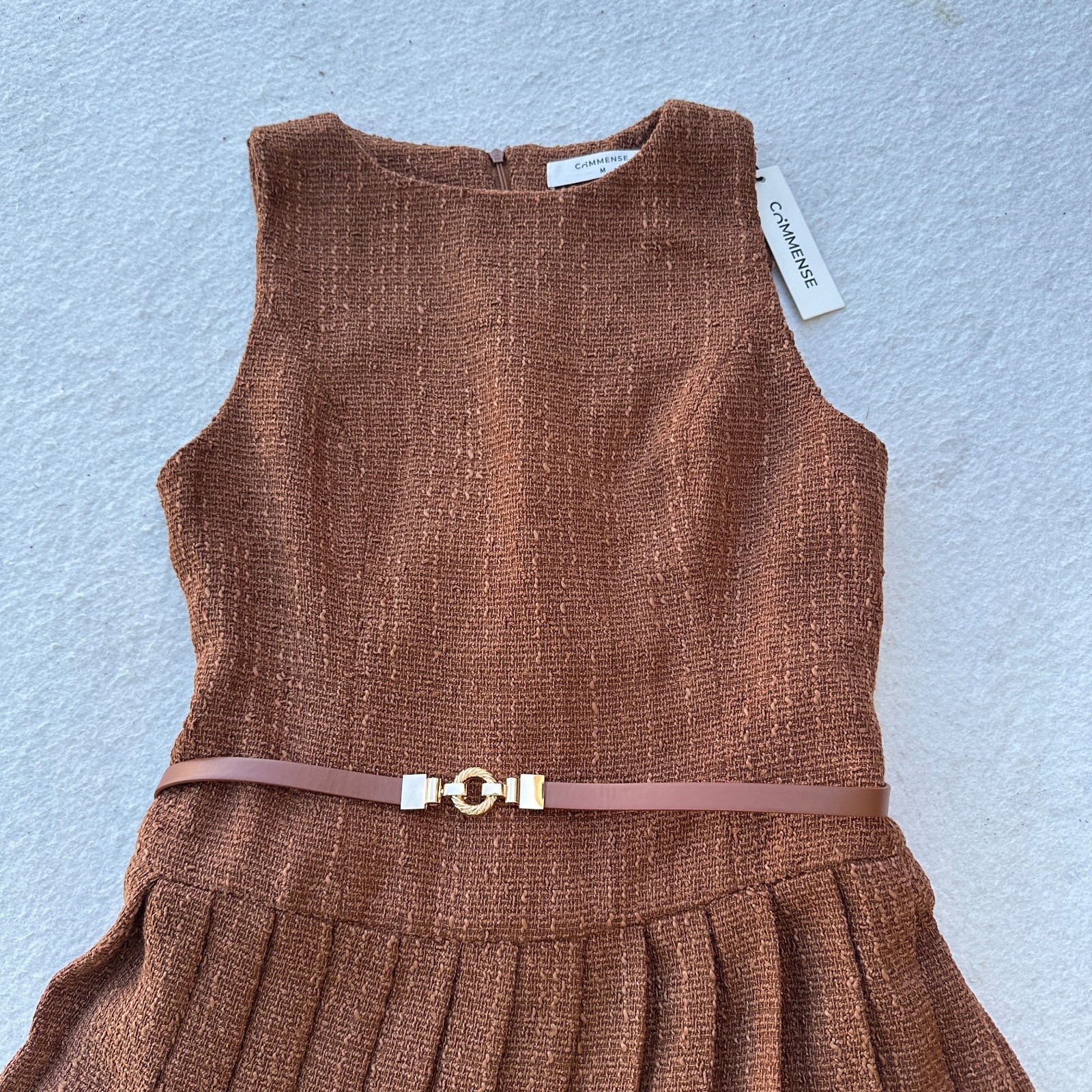 Commense Brown Textured Boucle Mini Dress Pleated Skirt Sleeveless Medium