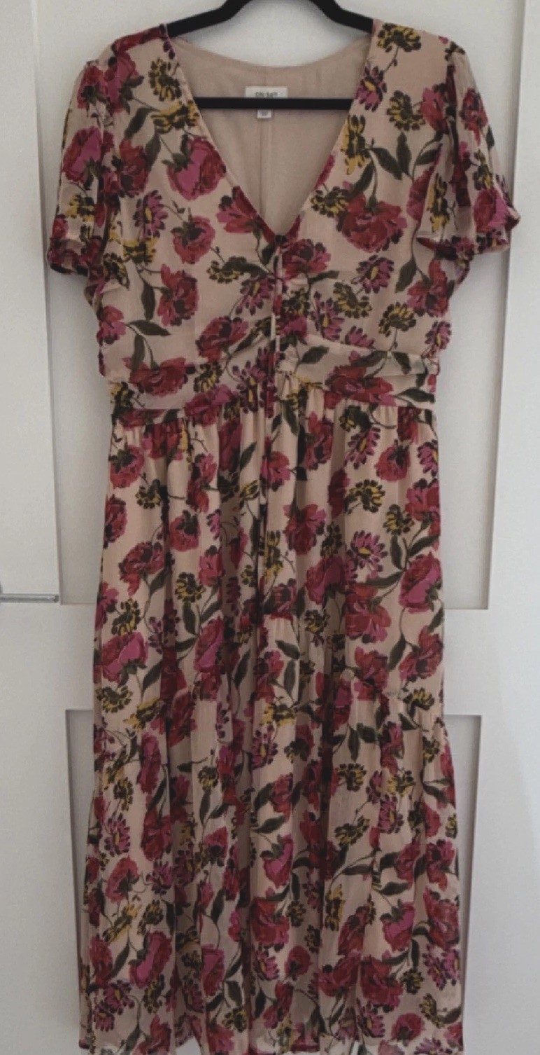 ON 34TH Floral Midi Dress V-Neck Chiffon Flutter Sleeve Pink Beige L