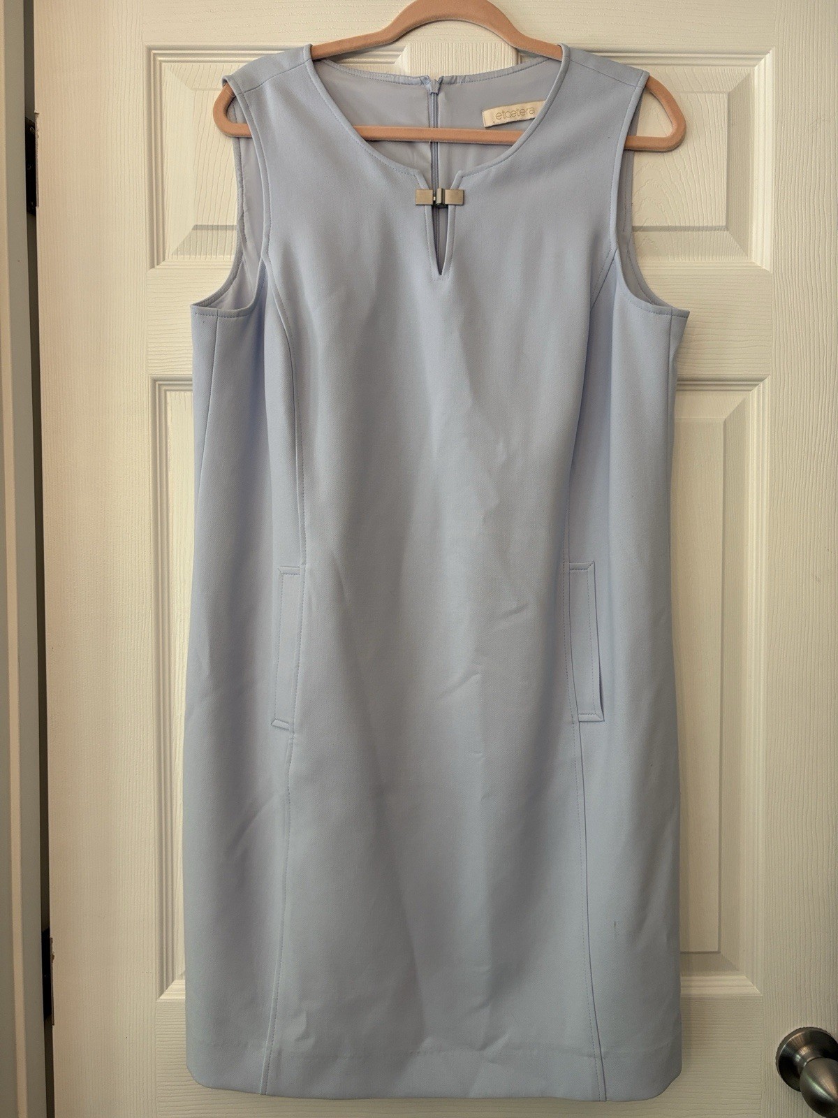 Etcetera Light Blue Sleeveless V-Neck Shift Dress 2 Pockets Piqué