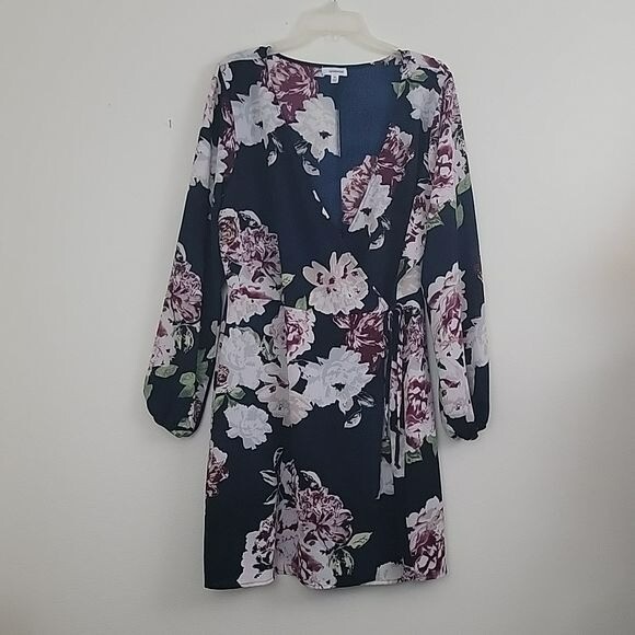 Eyeshadow Navy Burgundy & White Floral Long Sleeve Wrap Dress XL
