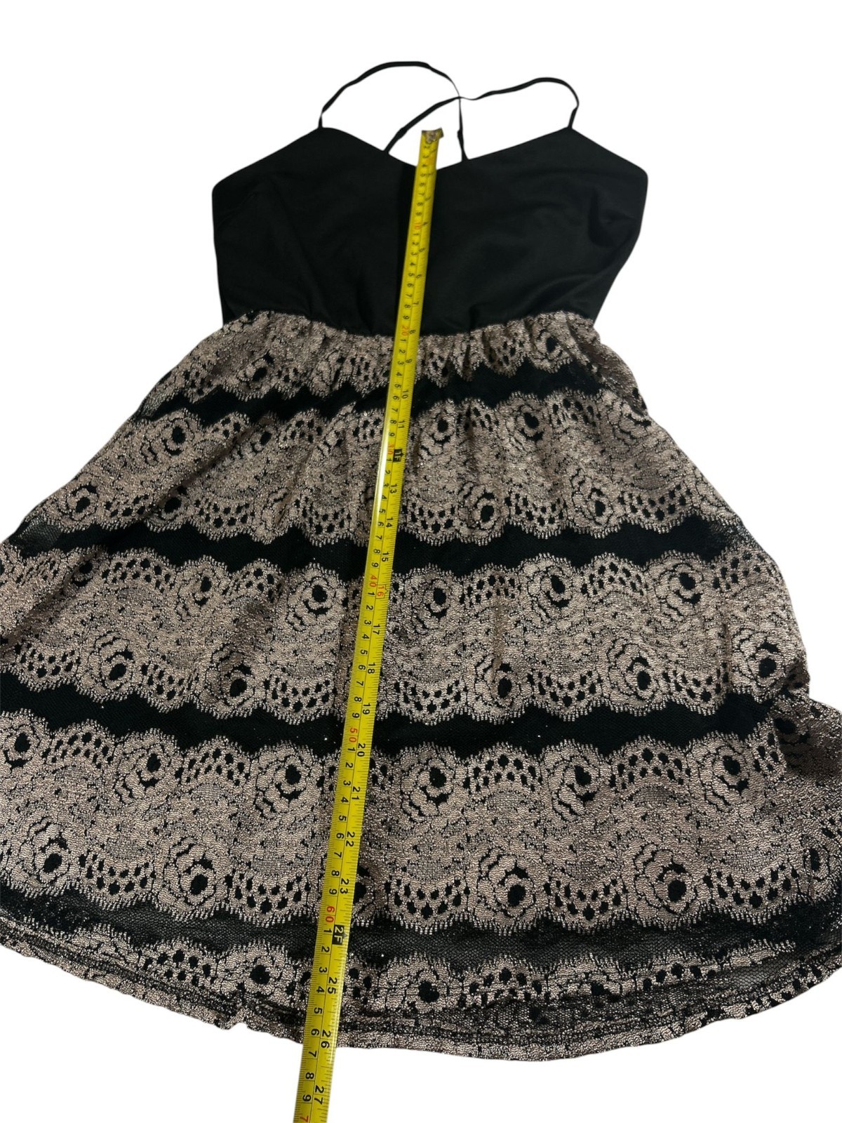 GLARE Black Silver Metallic Lace Skater Dress Crisscross Back Cocktail Party SXS