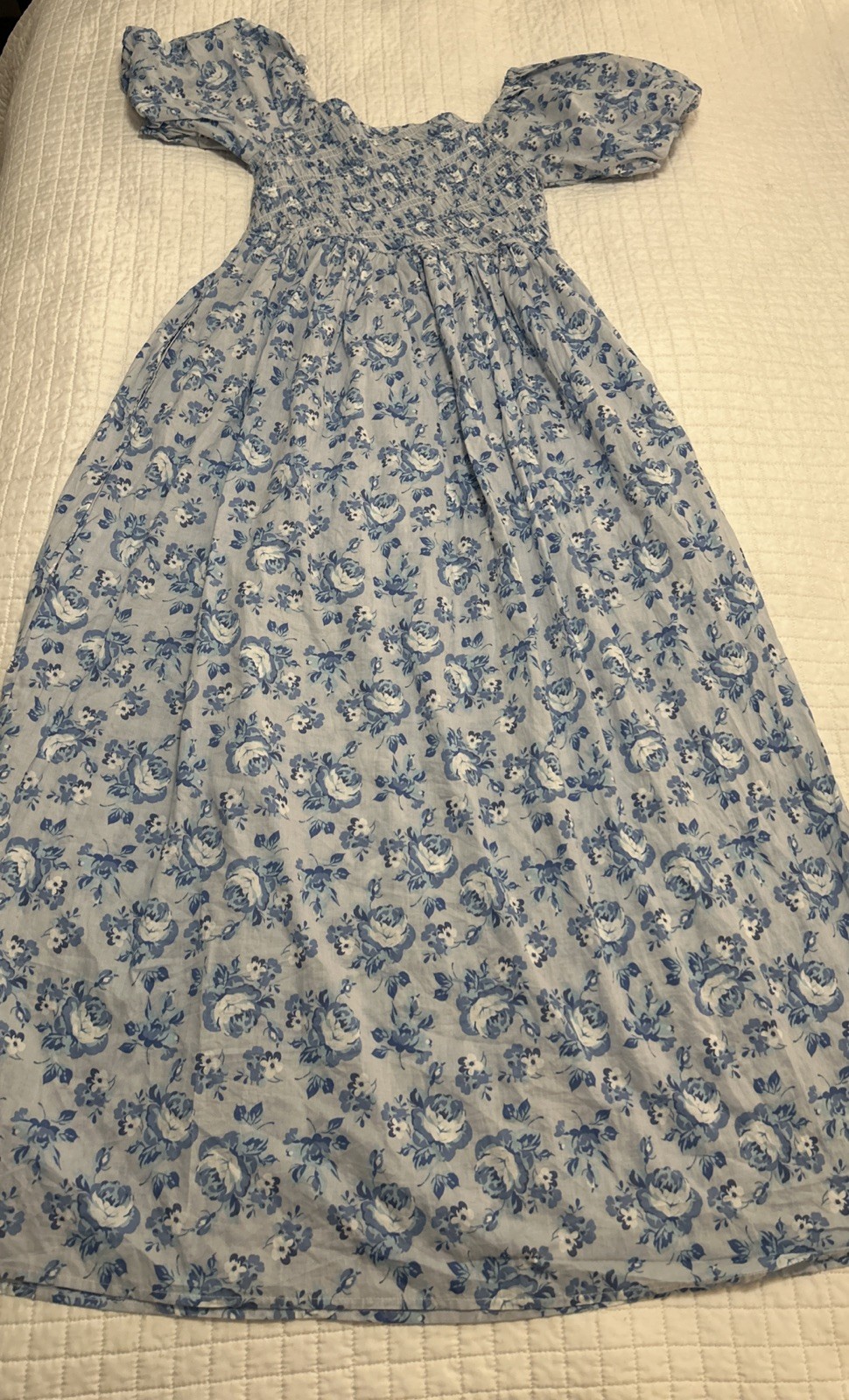 Simply Southern Medium Blue Puff Sleeve Savannah Maxi Dress Flower Cotton Boho