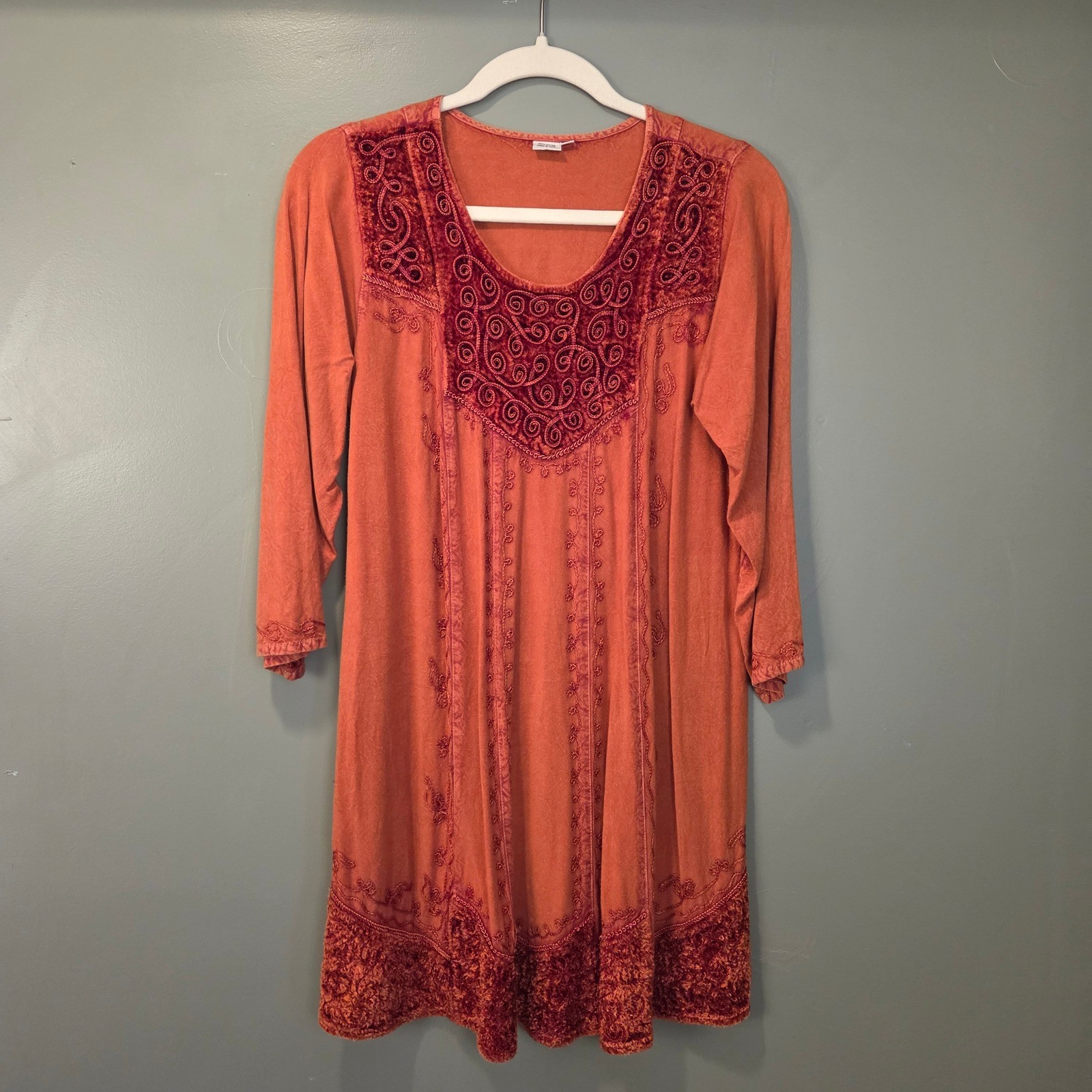 Women’s Tunic Boho Shirt Dress Size S/M Embroidery Tie Waist 3/4 Sleeves Hippie