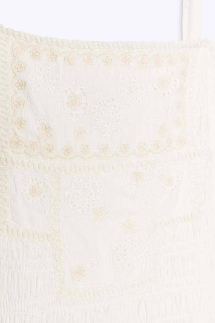 ZARA EMBROIDERED FLORAL OYSTER WHITE MIDI DRESS M