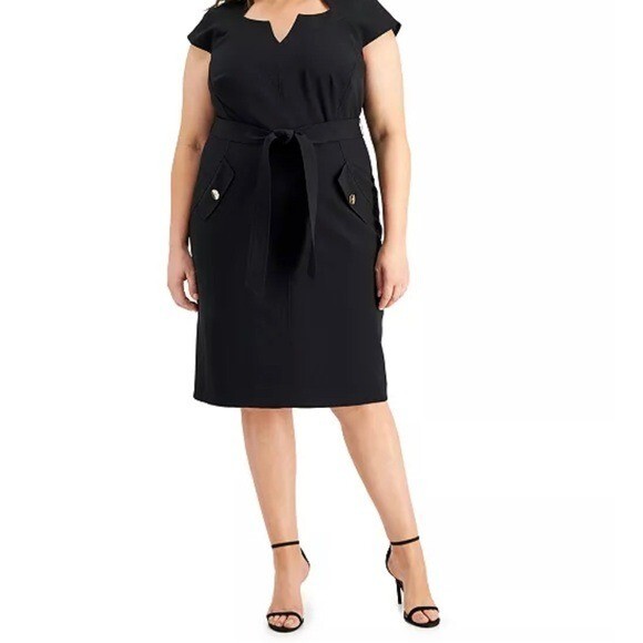 Kasper women’s v-neck dress; tie belt at waist & faux pockets w/gold buttons. 14
