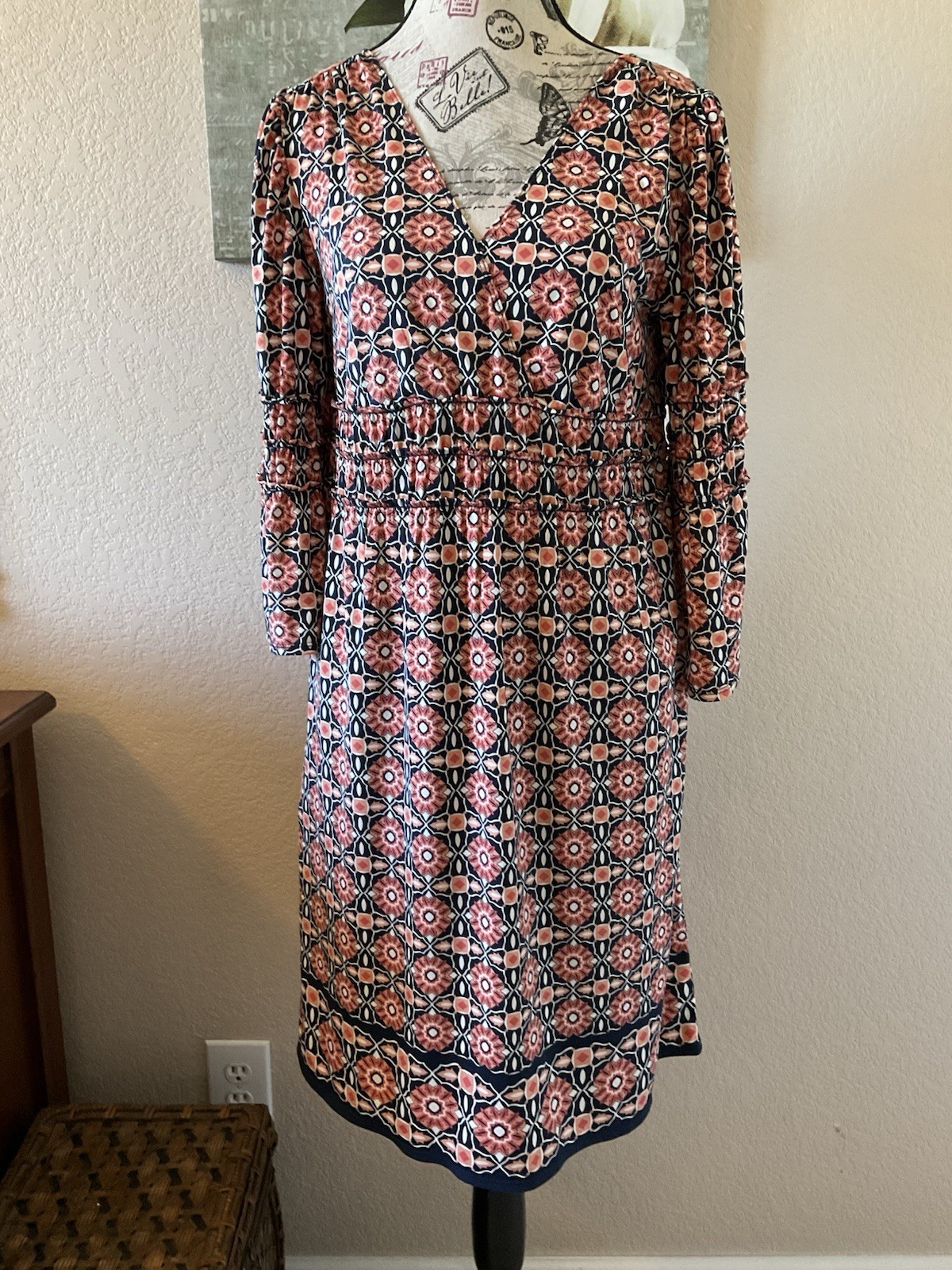 Max Edition Womens M/L Multicolor Geometric V-Neck Bell Sleeve Shift Dress