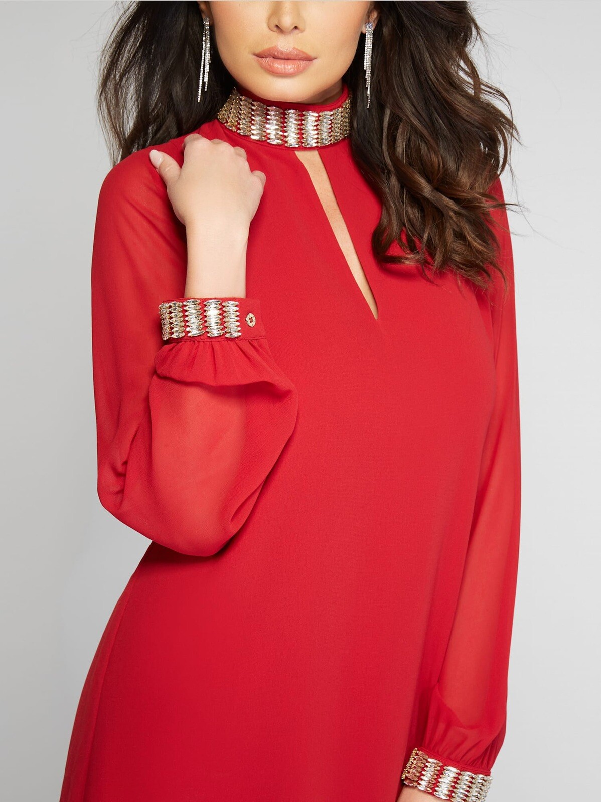 New Guess Marciano Leila Tunic Embellished Collar Sheer Sleeve RED Dress XS $198