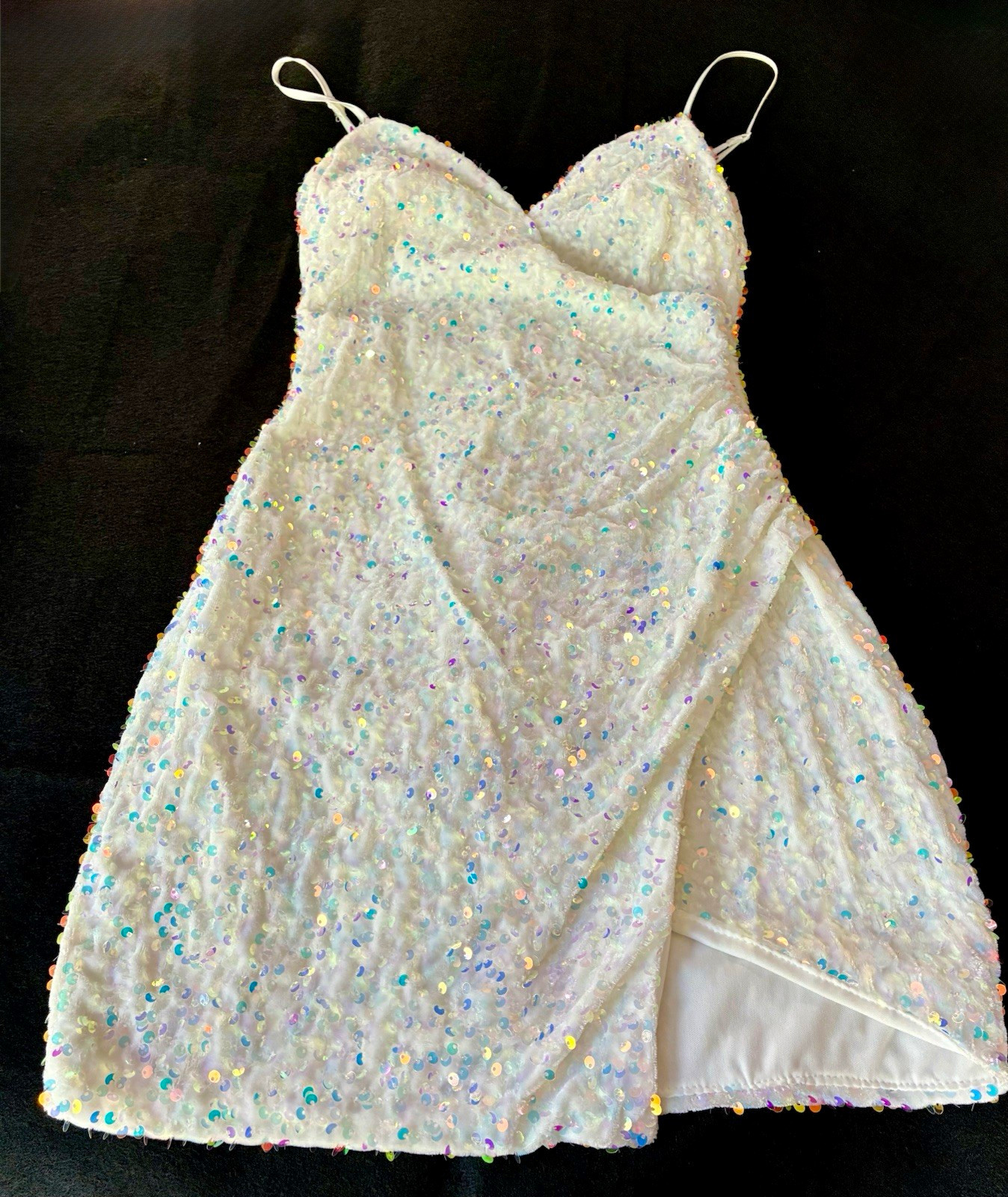 Crystal Doll White Sequin V-Neck Mini Dress Lined Zip Party Size S