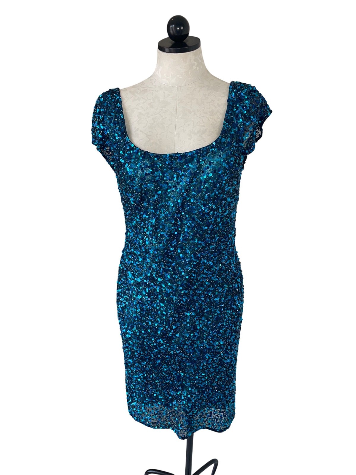 Scala Mini Dress Sequin Vintage Womens Size Large Blue Beaded Lined Pure Silk
