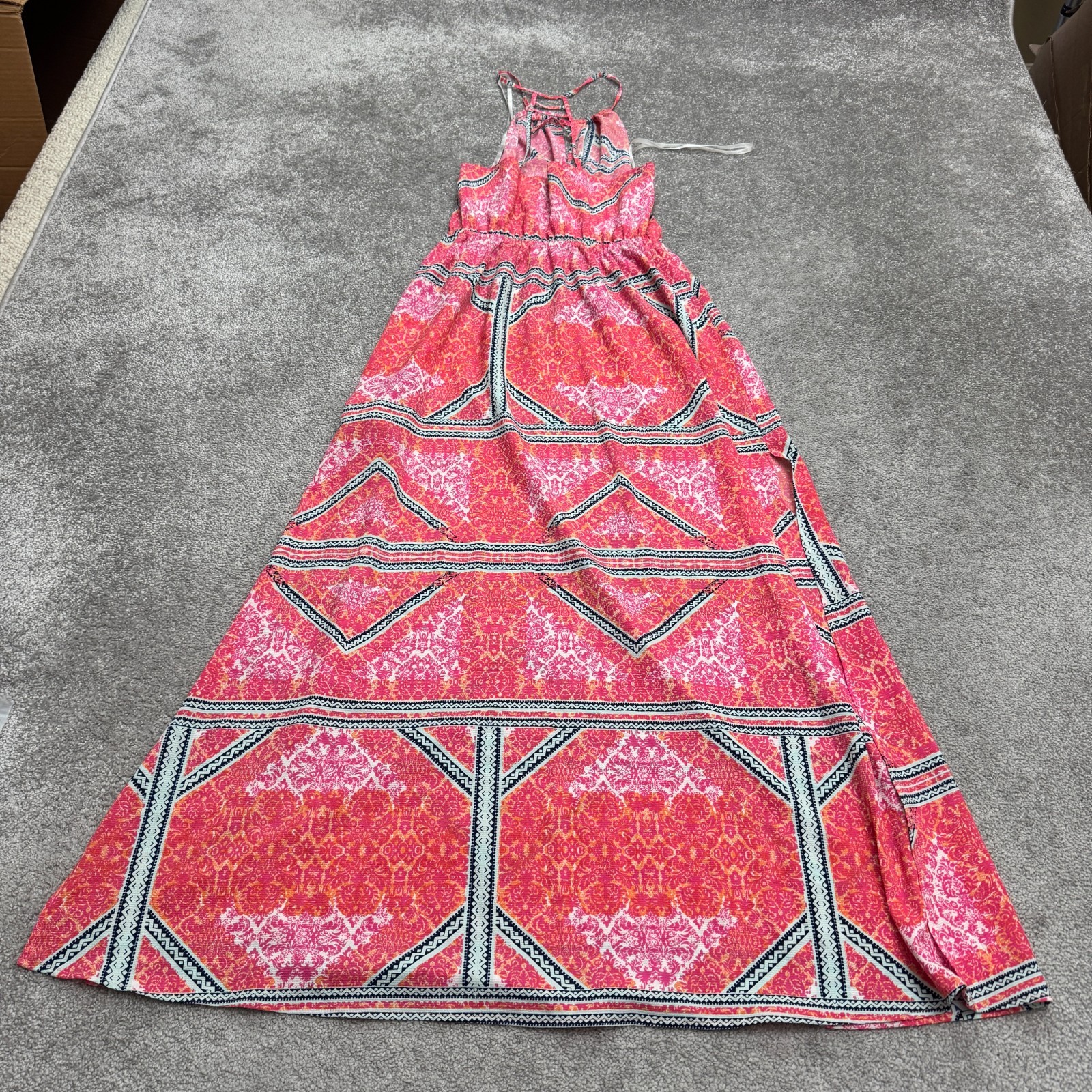 Minkpink Geometric Halter Maxi Dress Women Medium Pink Orange Backless Slit NWOT