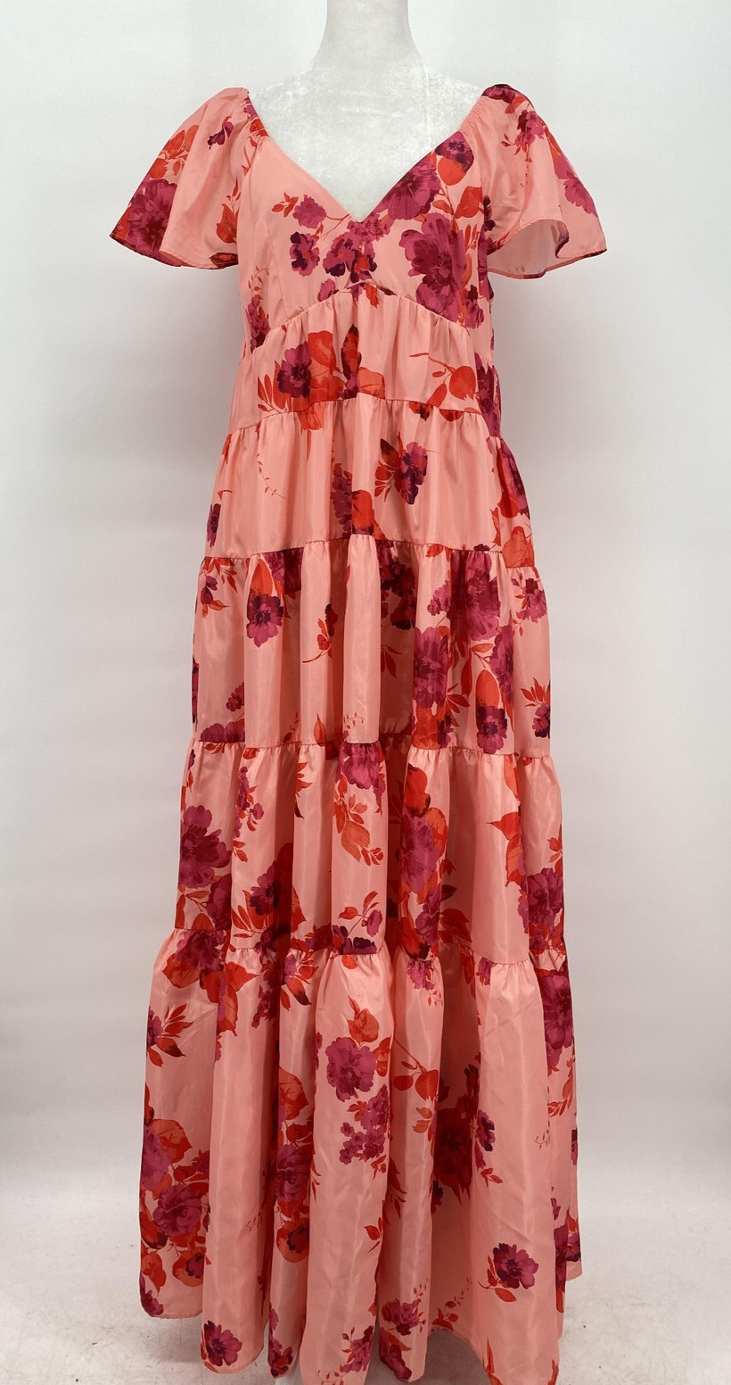 Buddy Love Dress Womens Small Pink Floral Tiered V-Neck Babydoll Cottage Maxi